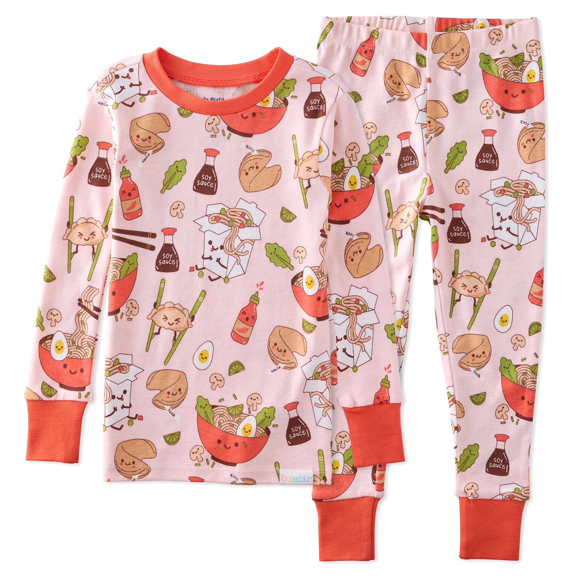 Children's pajama set with kawaii noodle-themed design on a white background