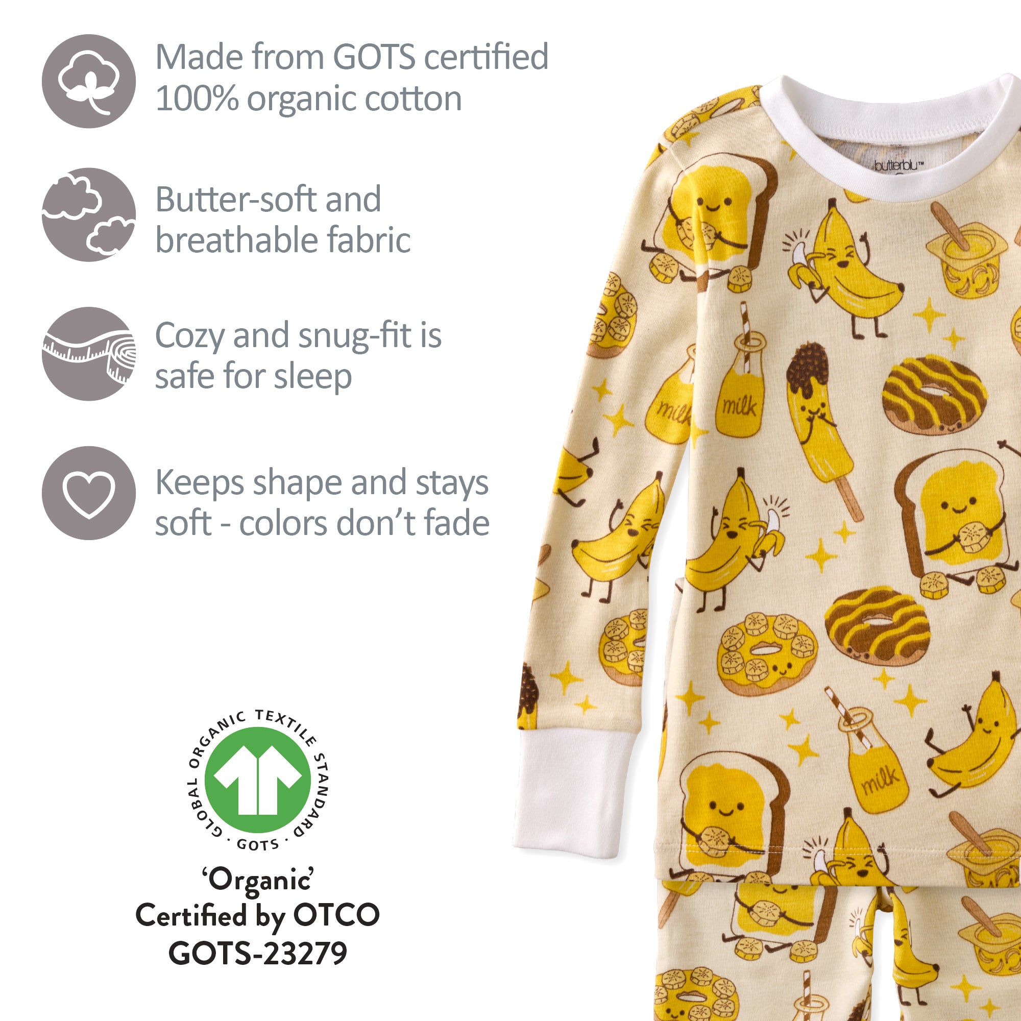 Children's pajama set with banana and toast pattern on a beige background, featuring GOTS certification details.