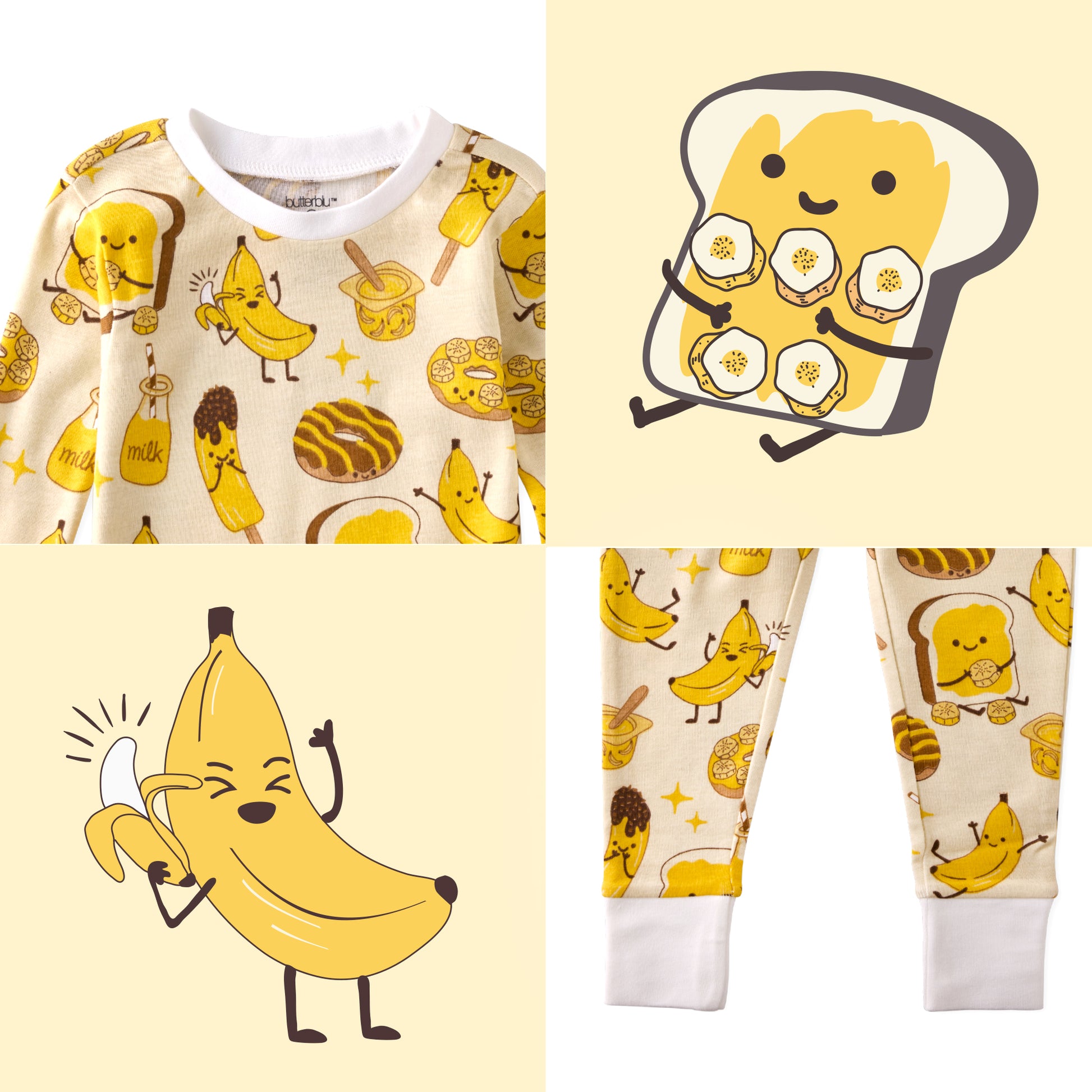 Children's clothing set with banana and toast design on a beige background