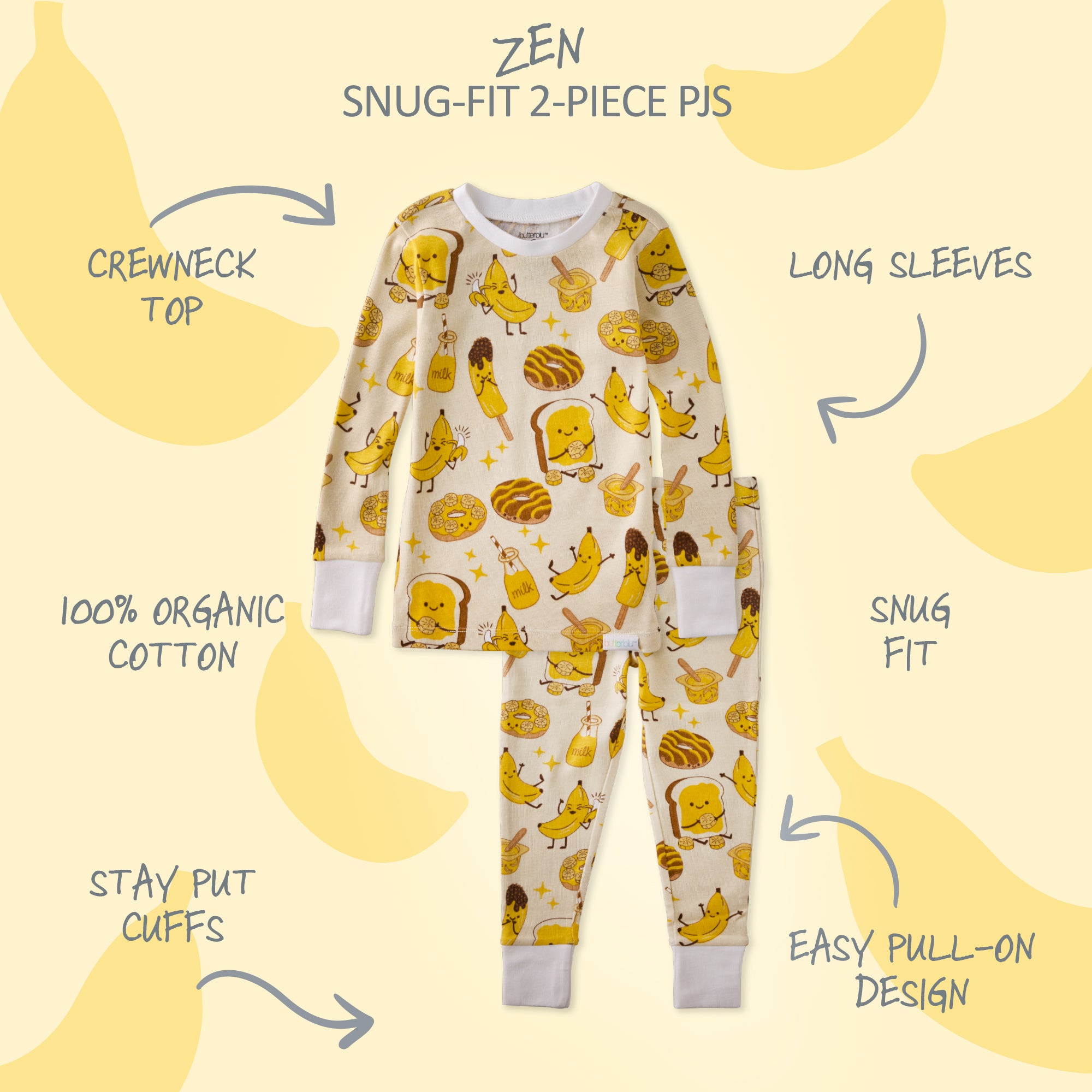 Children's pajama set with banana pattern on a yellow background
