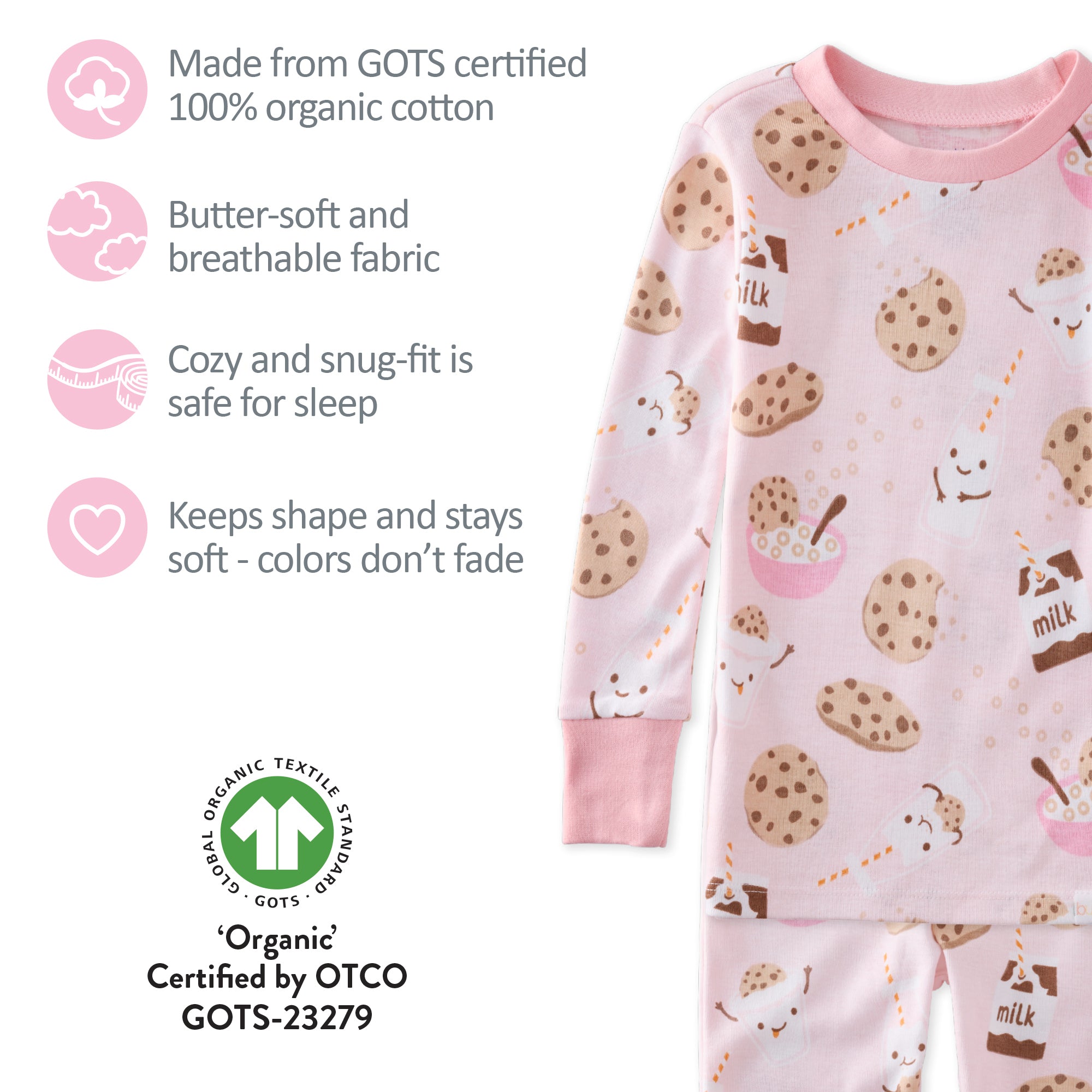 Children's pajamas with cookie pattern and certification details on a white background