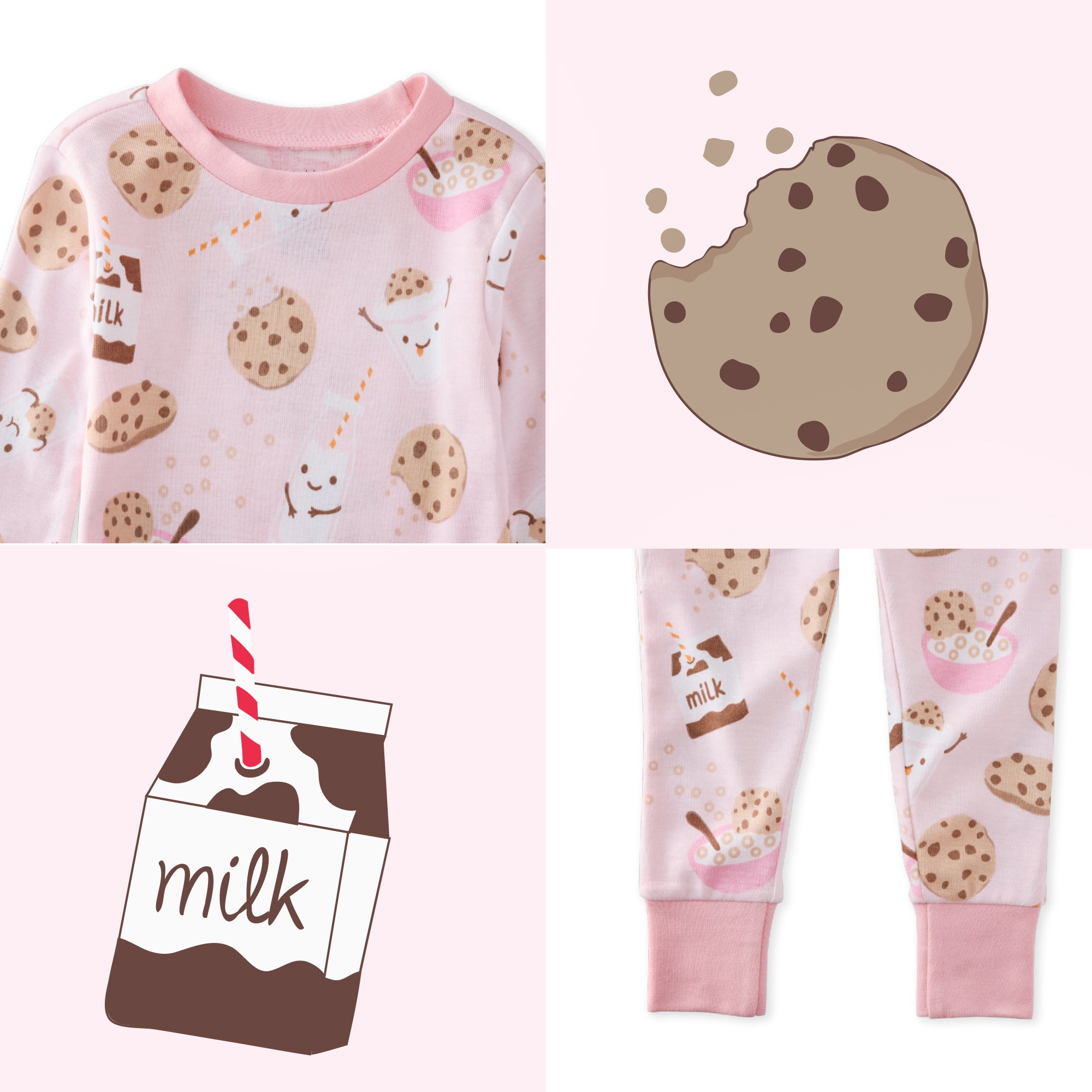 Children's pajama set with cookie and milk design on a pink background