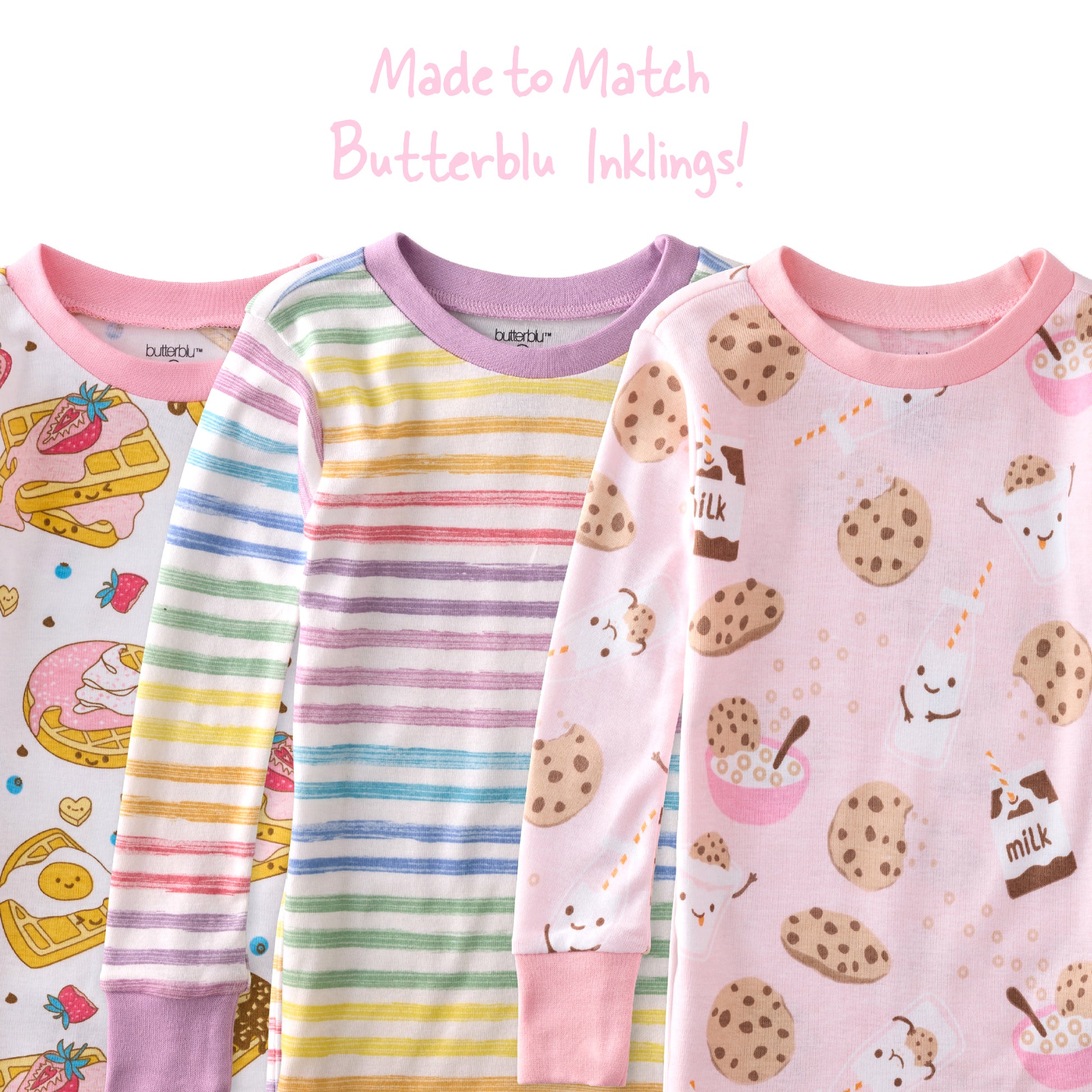 Three children's pajamas with different patterns on a white background.