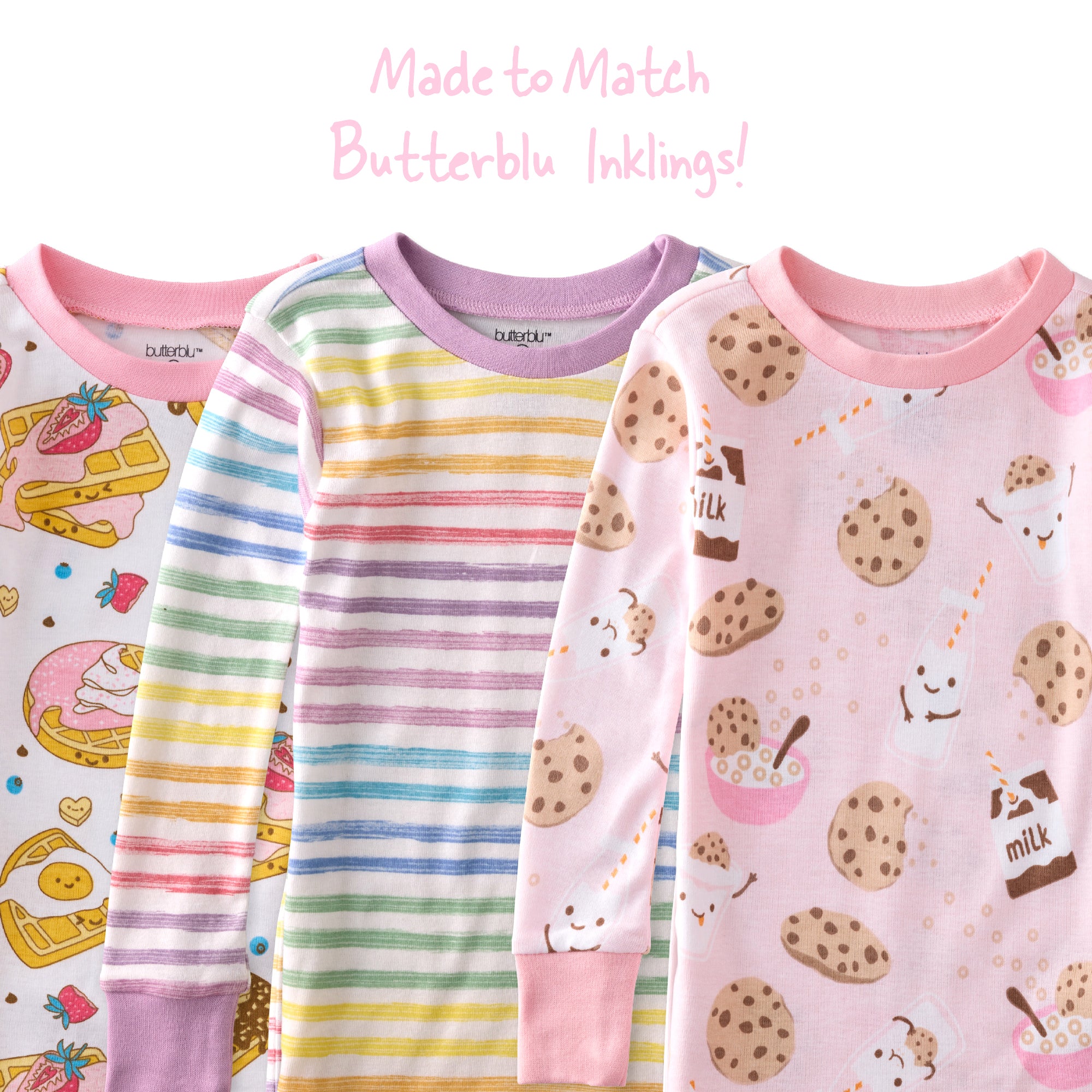 Three children's pajamas with different patterns on a white background.