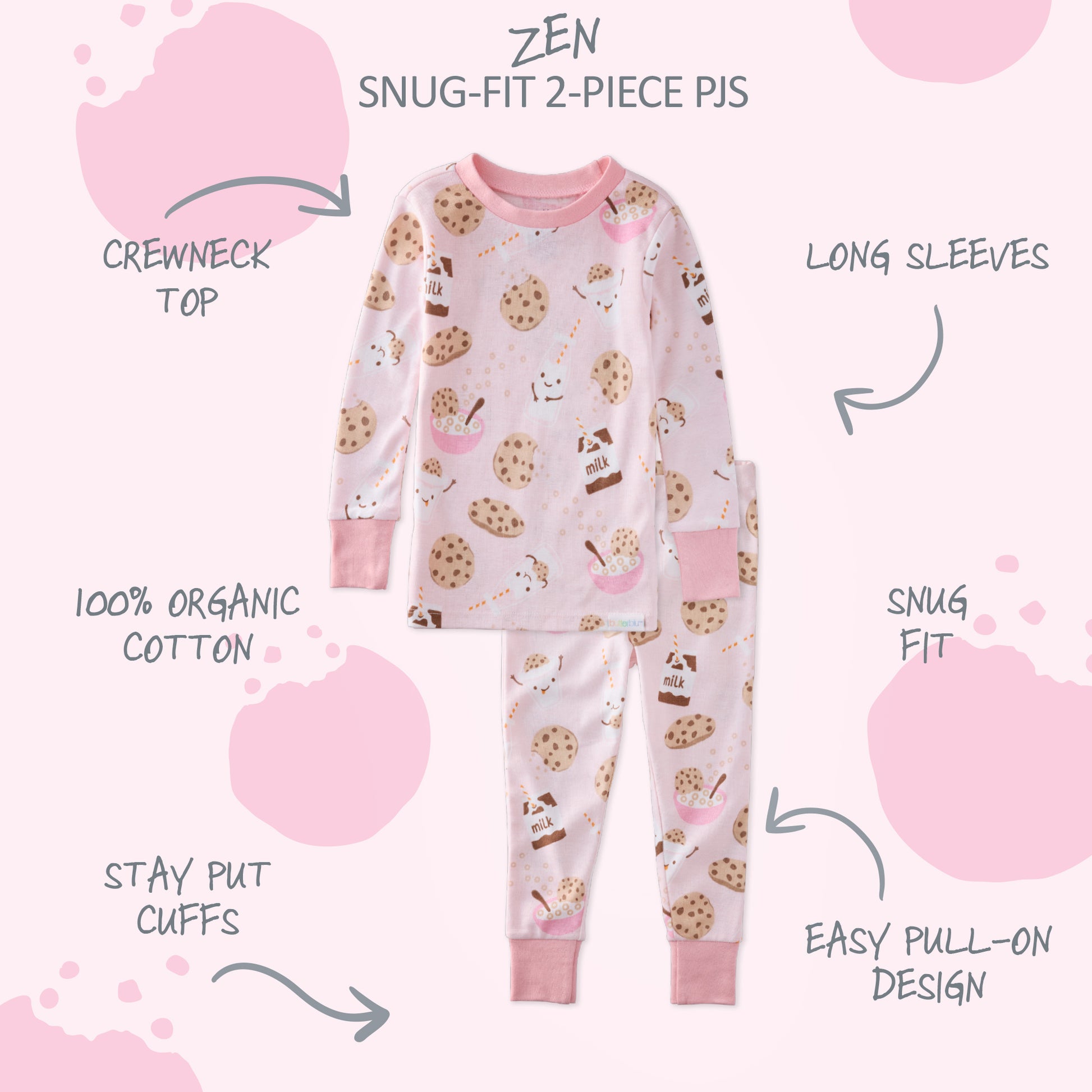 Pink pajama set with cookie design on a white background with text describing features.