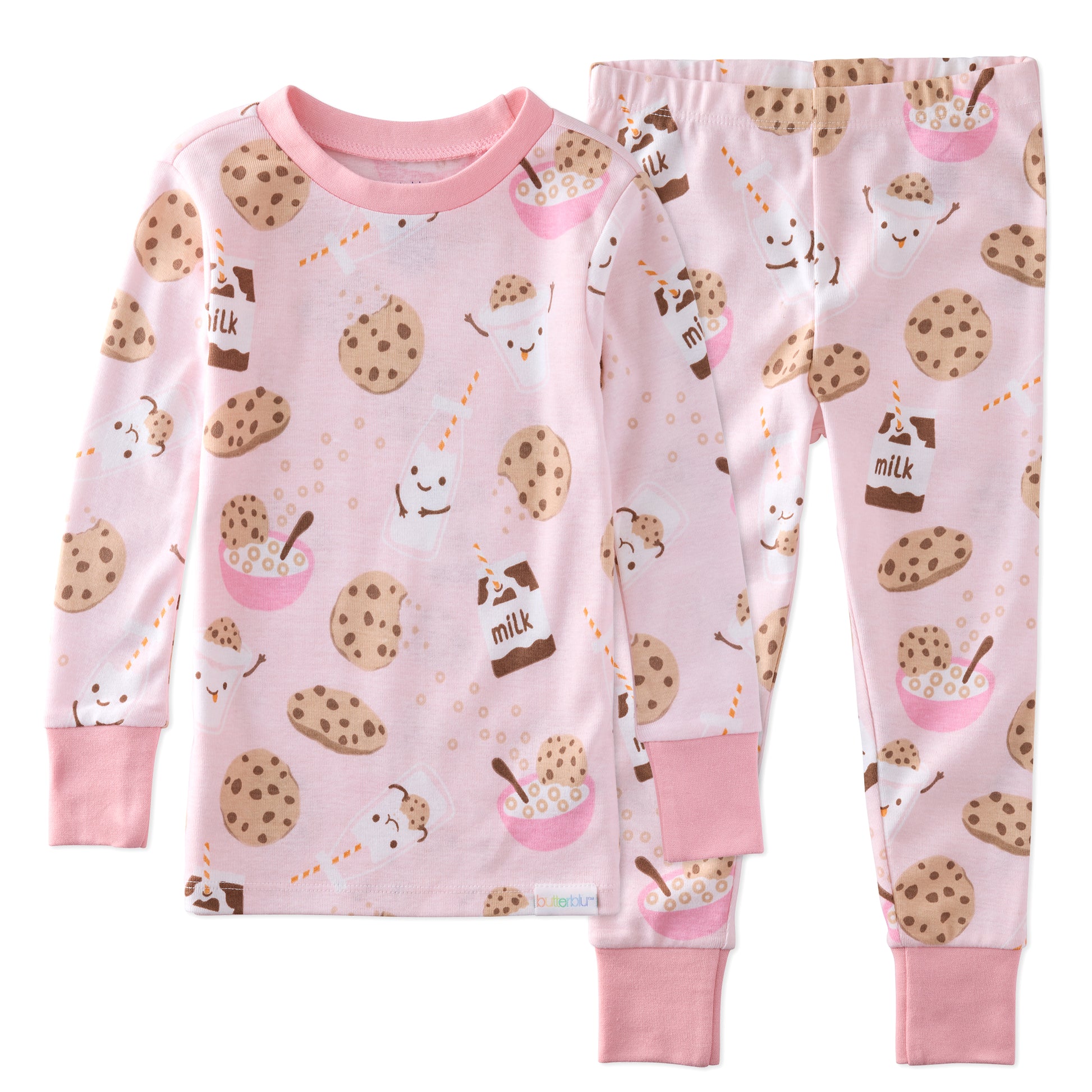 Children's pajama set with cookie and milk pattern on a pink background