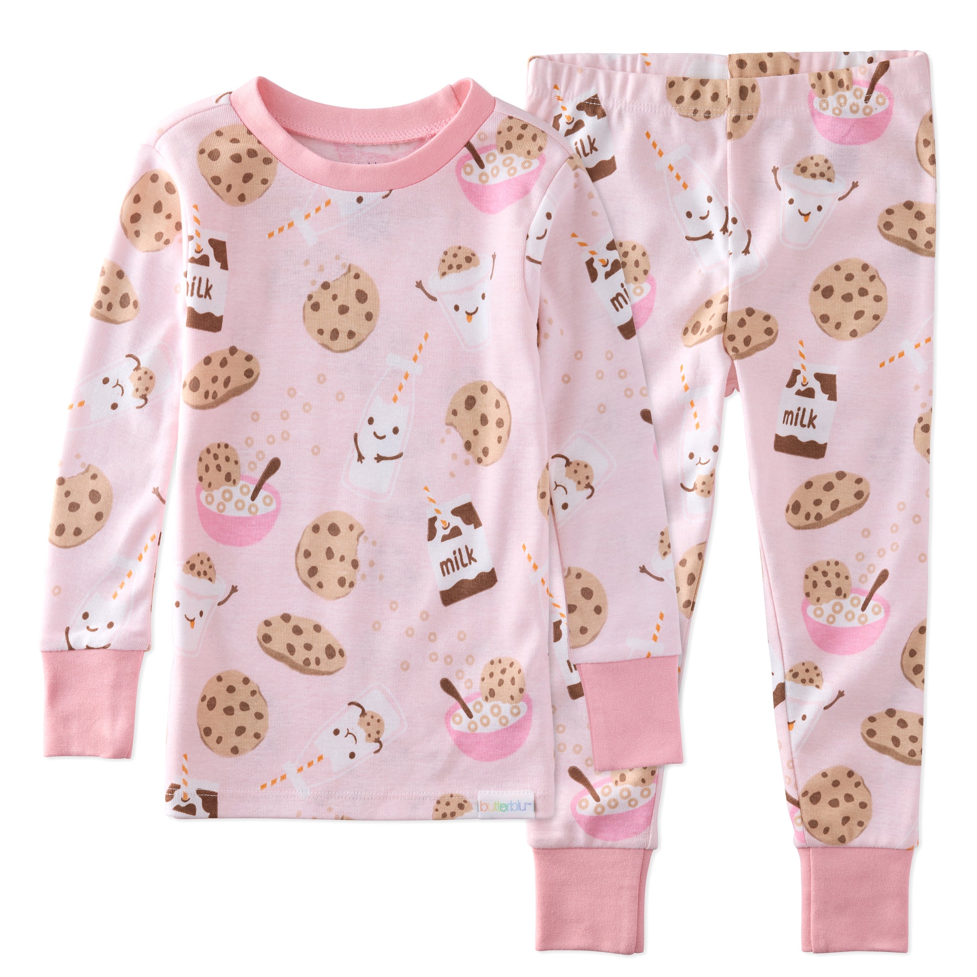 Children's pajama set with cookie and milk pattern on a pink background