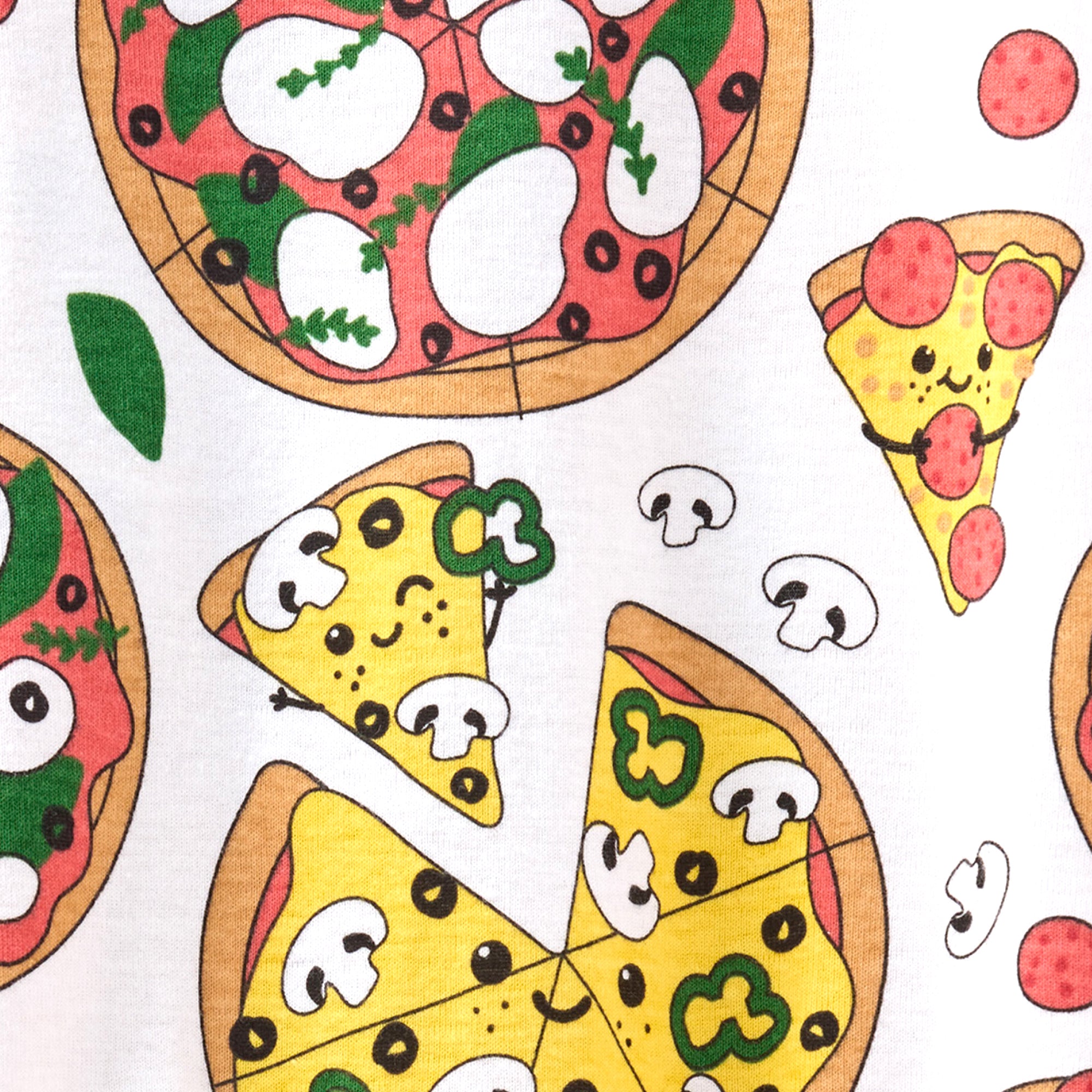 Pattern of cartoon pizzas and pizza slices on a white background
