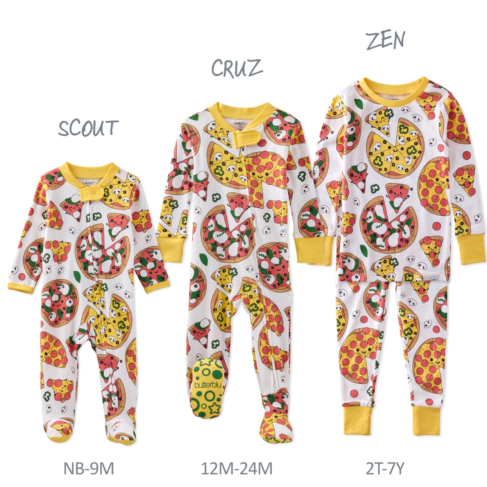 Three pizza-themed onesies for babies and toddlers with size labels on a white background.