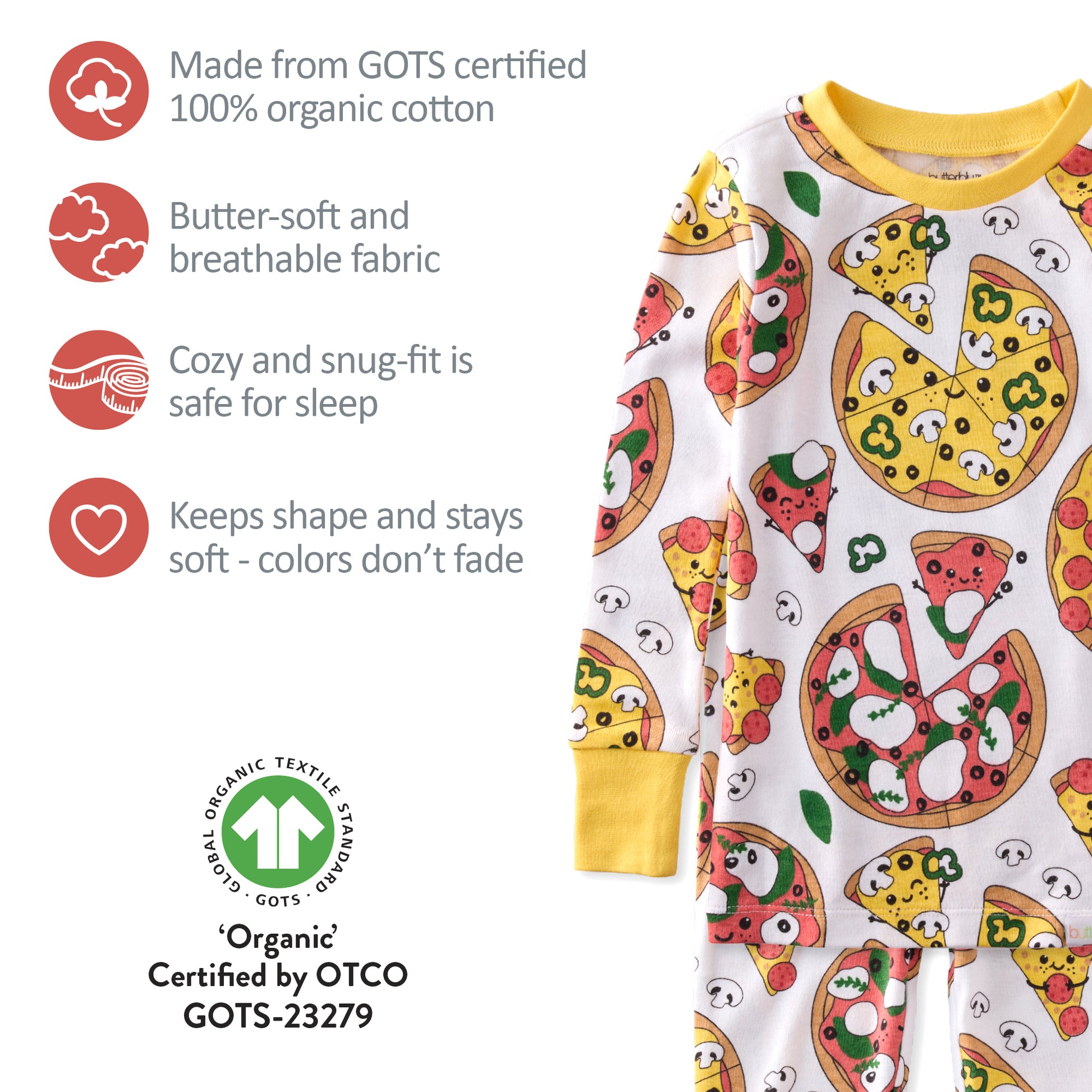 Children's pajama with pizza pattern and certification details on a white background