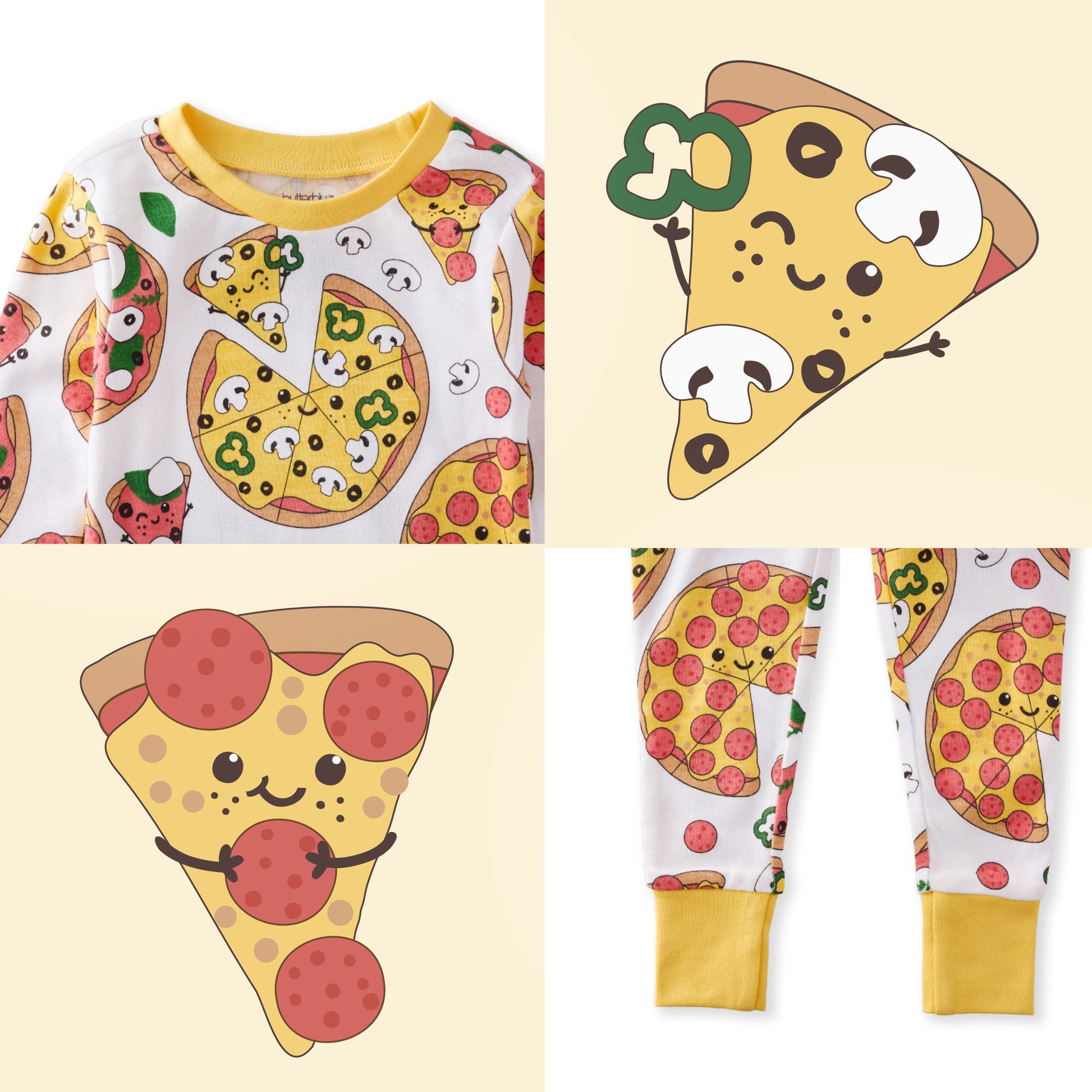 Children's pajama set with pizza-themed design on a light yellow background