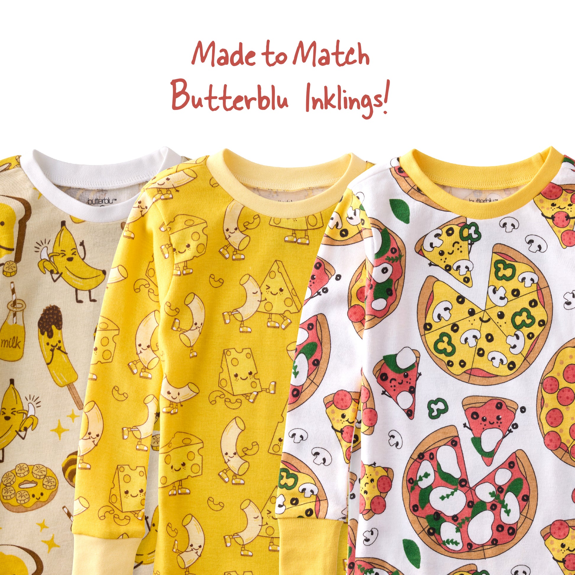 Three children's pajamas with different patterns on a white background