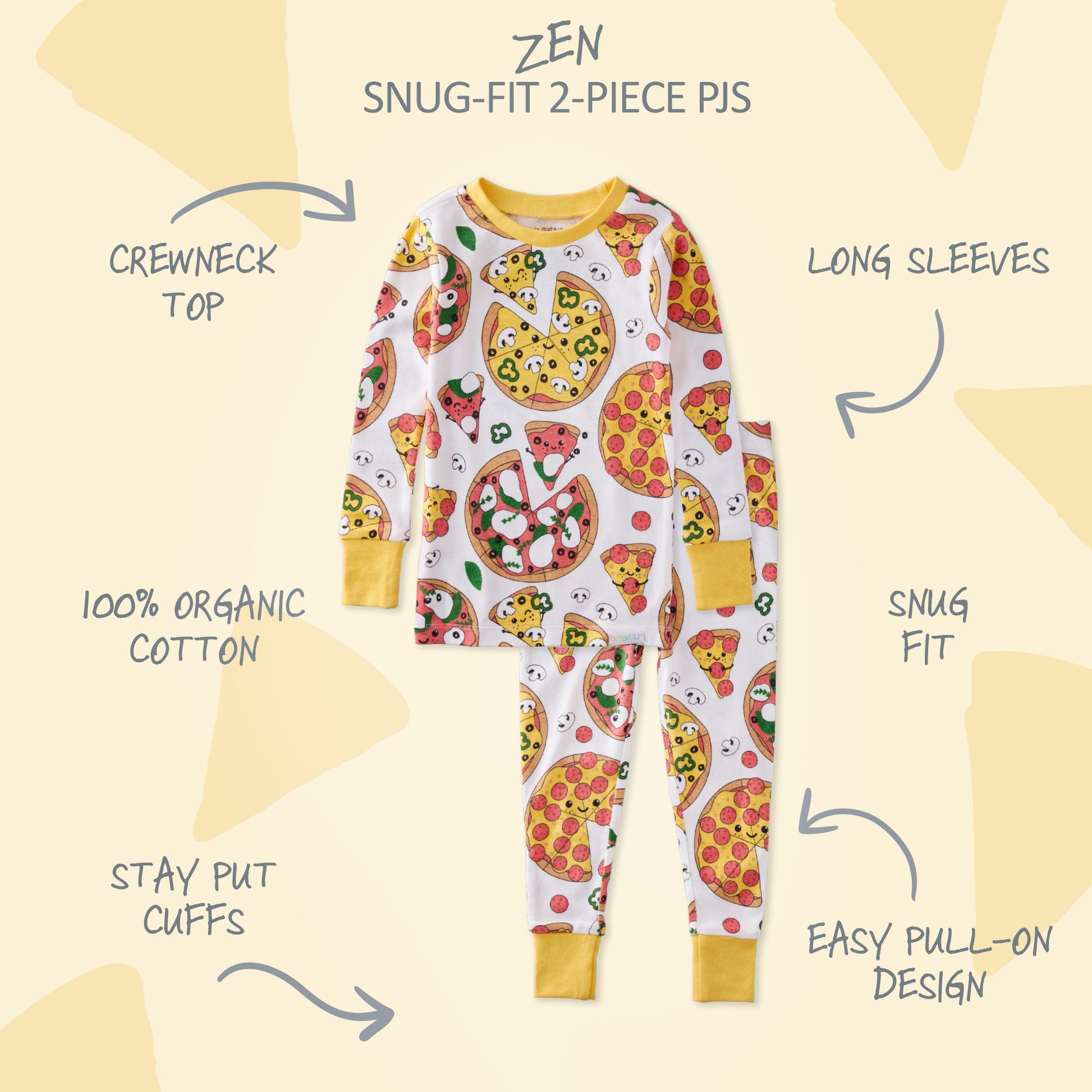 Children's pajama set with pizza design on a beige background