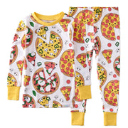 Children's pajama set with pizza pattern on a white background