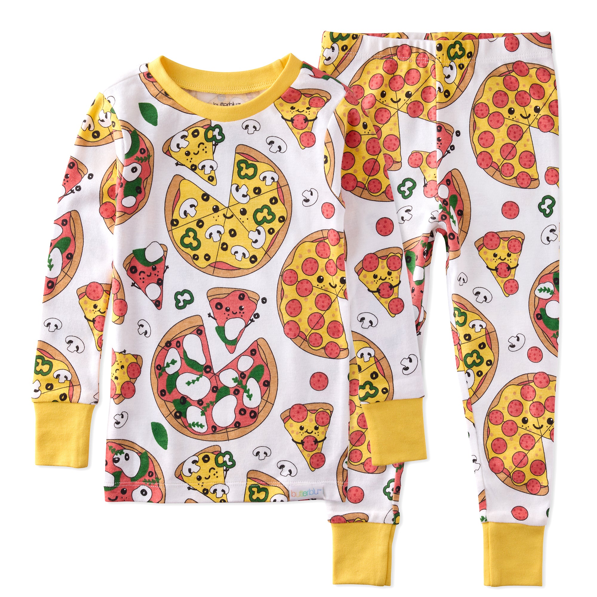 Children's pajama set with pizza pattern on a white background