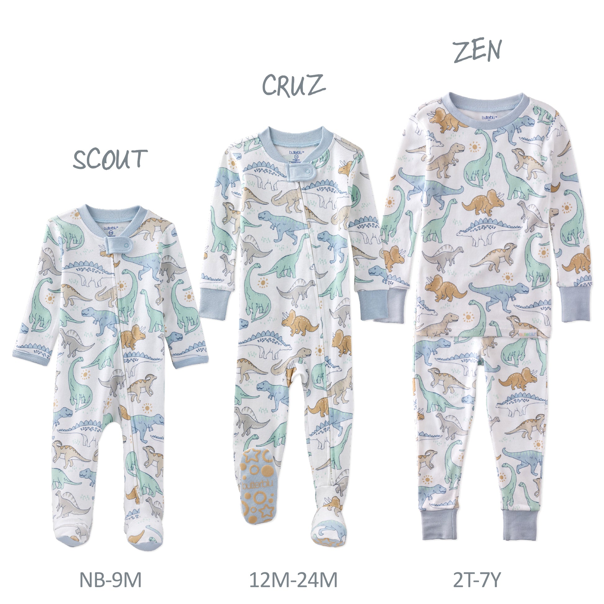 Three baby onesies with dinosaur patterns labeled 'Scout', 'Cruz', and 'Zen' in various sizes.