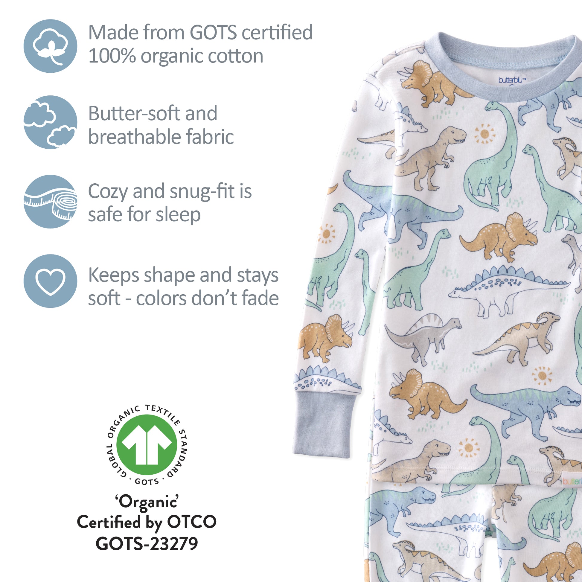 Children's pajamas with dinosaur pattern and organic cotton certification details.