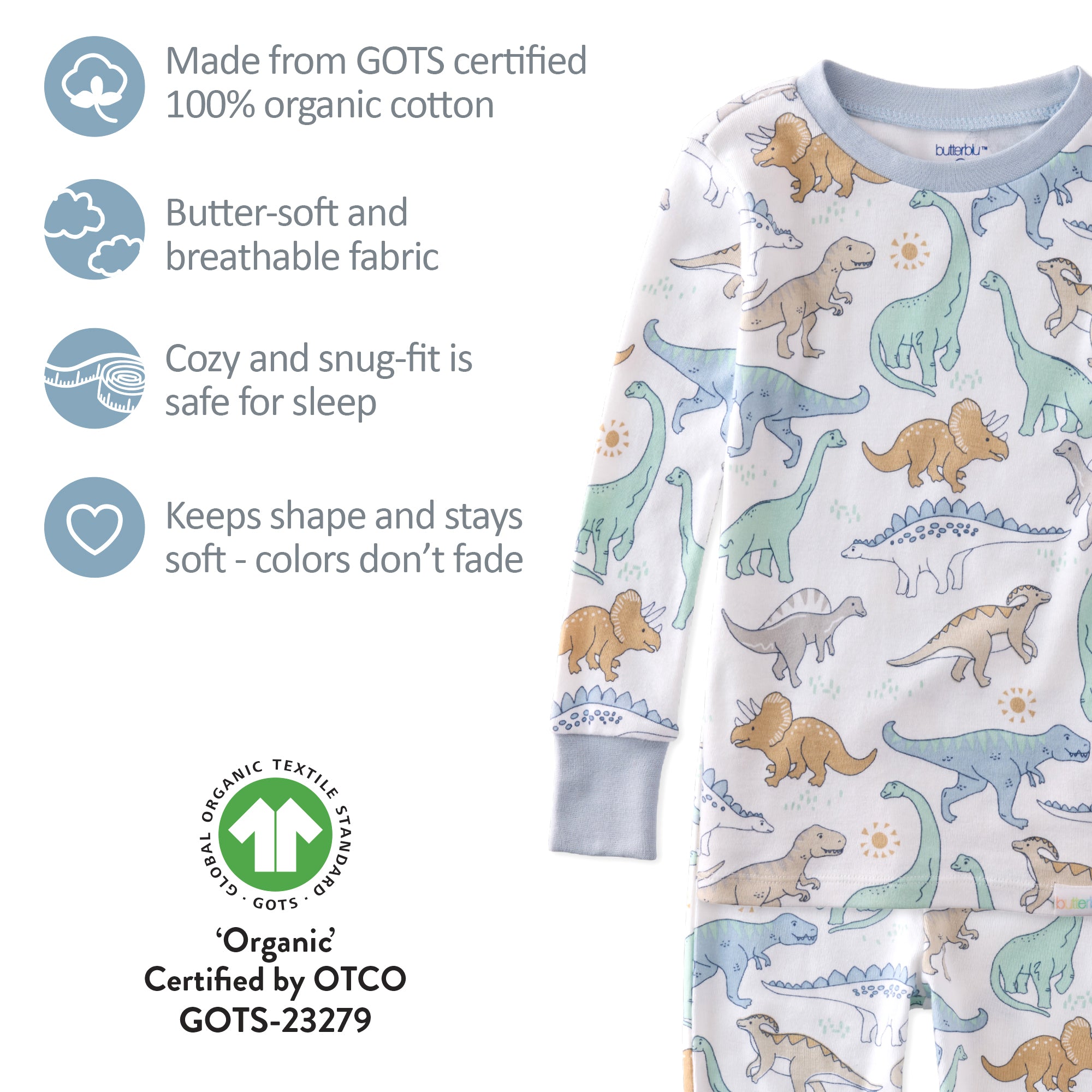 Children's pajamas with dinosaur pattern and organic cotton certification details.