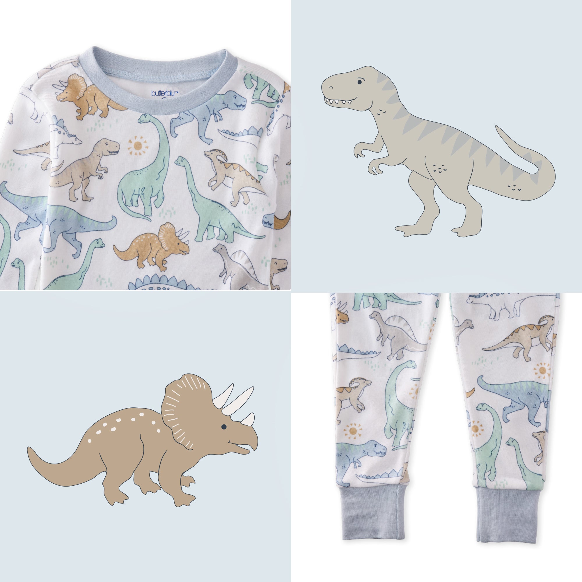Children's pajama set with dinosaur pattern on a light blue background
