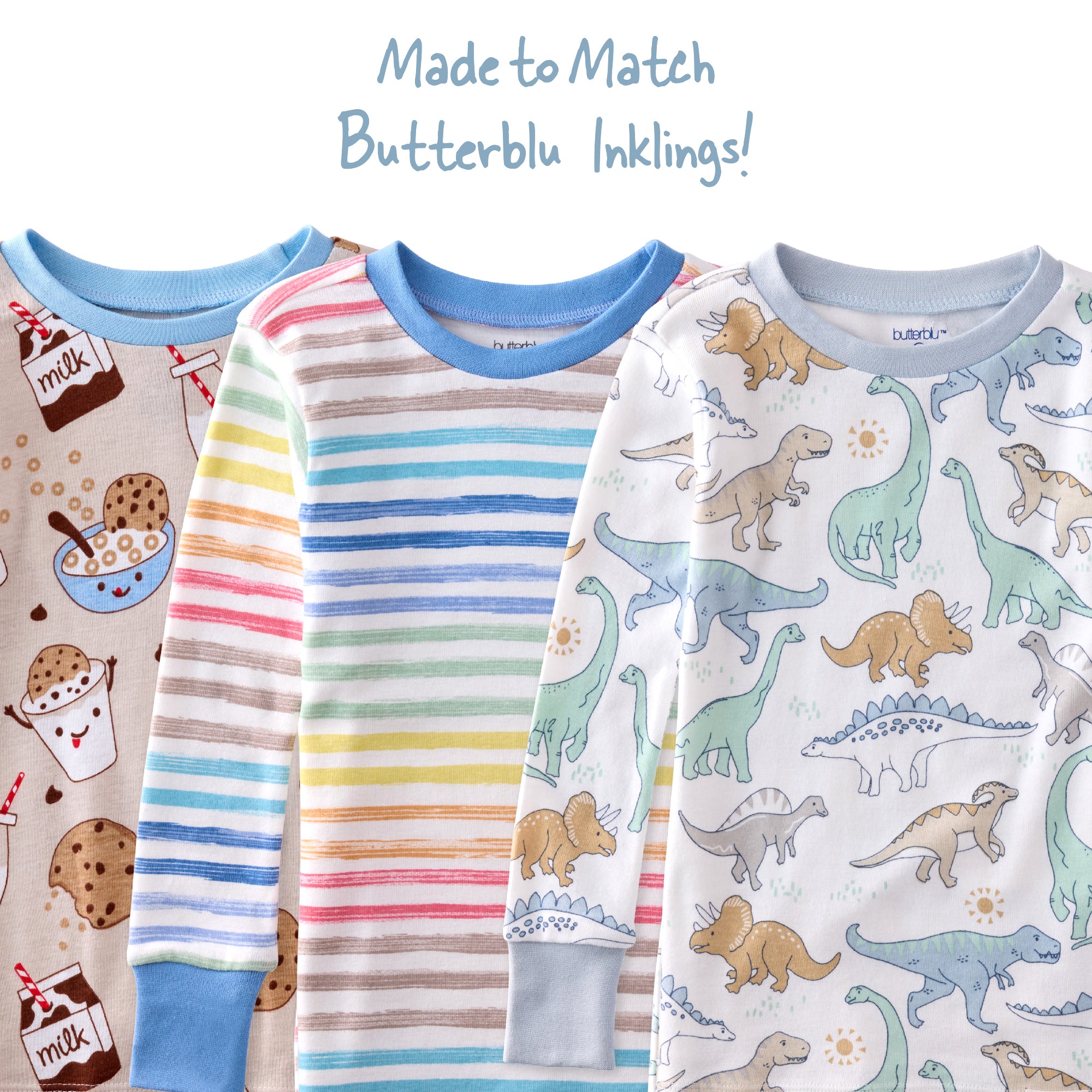 Three children's pajama sets with different patterns on a white background.