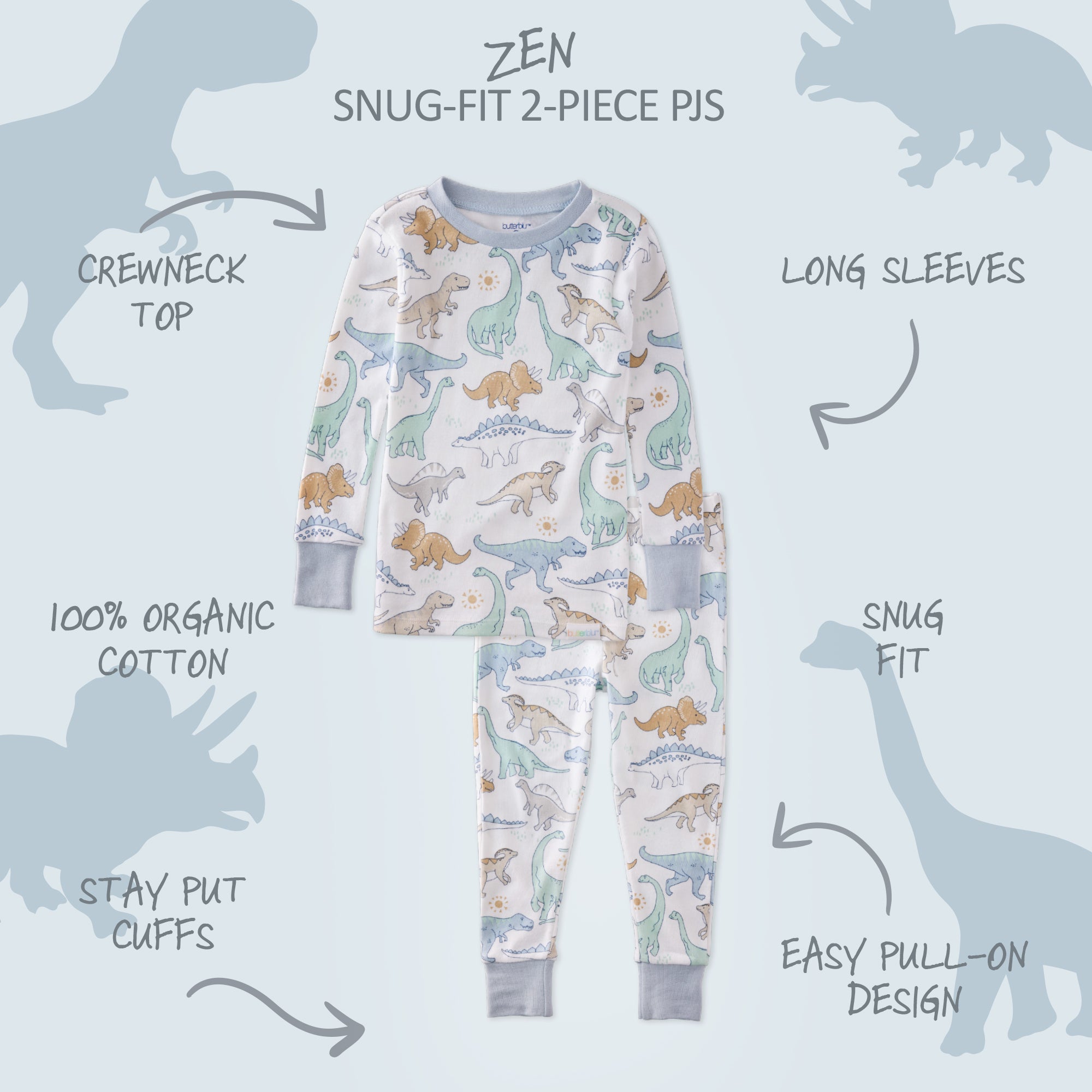 Children's dinosaur-themed pajama set with text describing features on a light blue background.