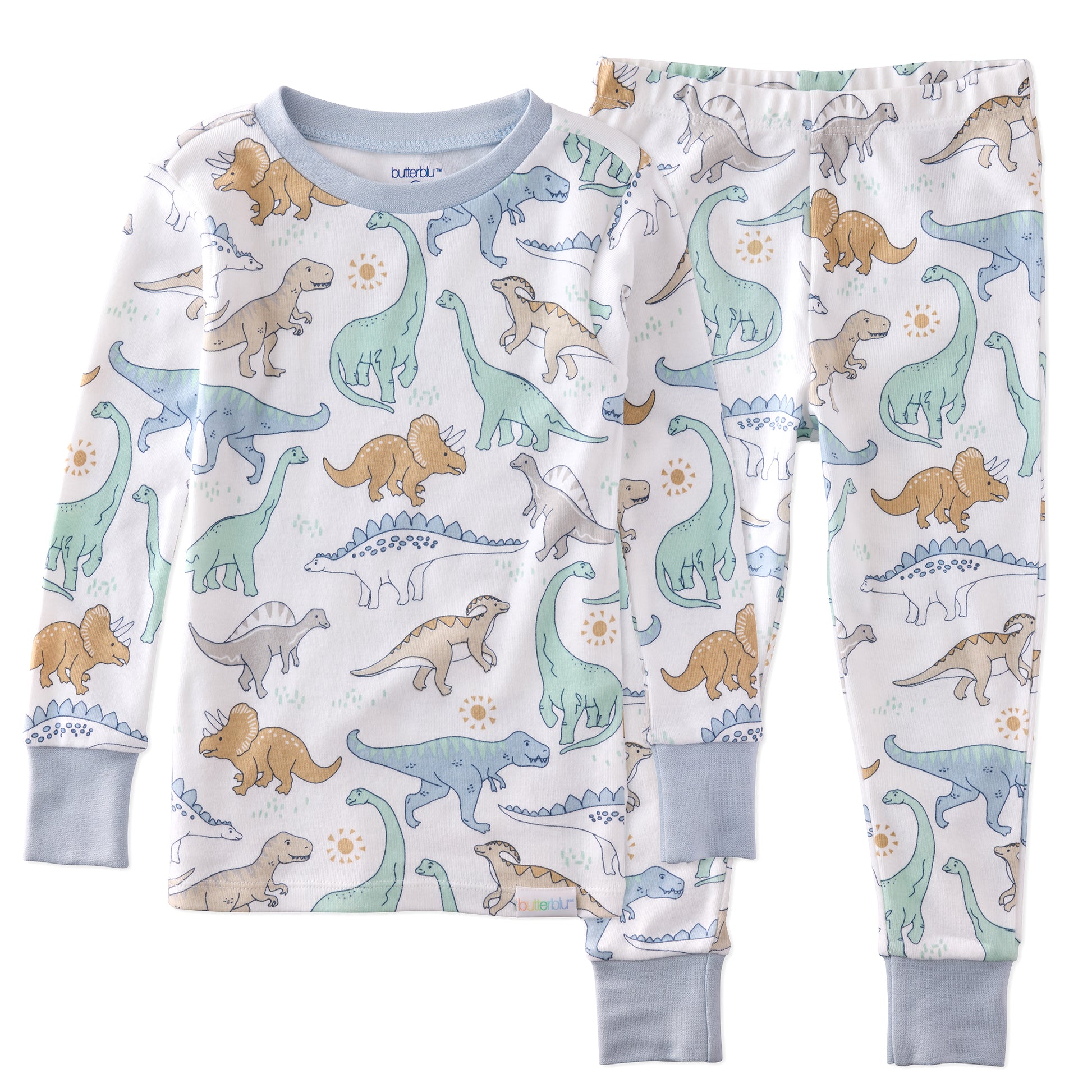 Children's dinosaur-themed pajama set on a white background