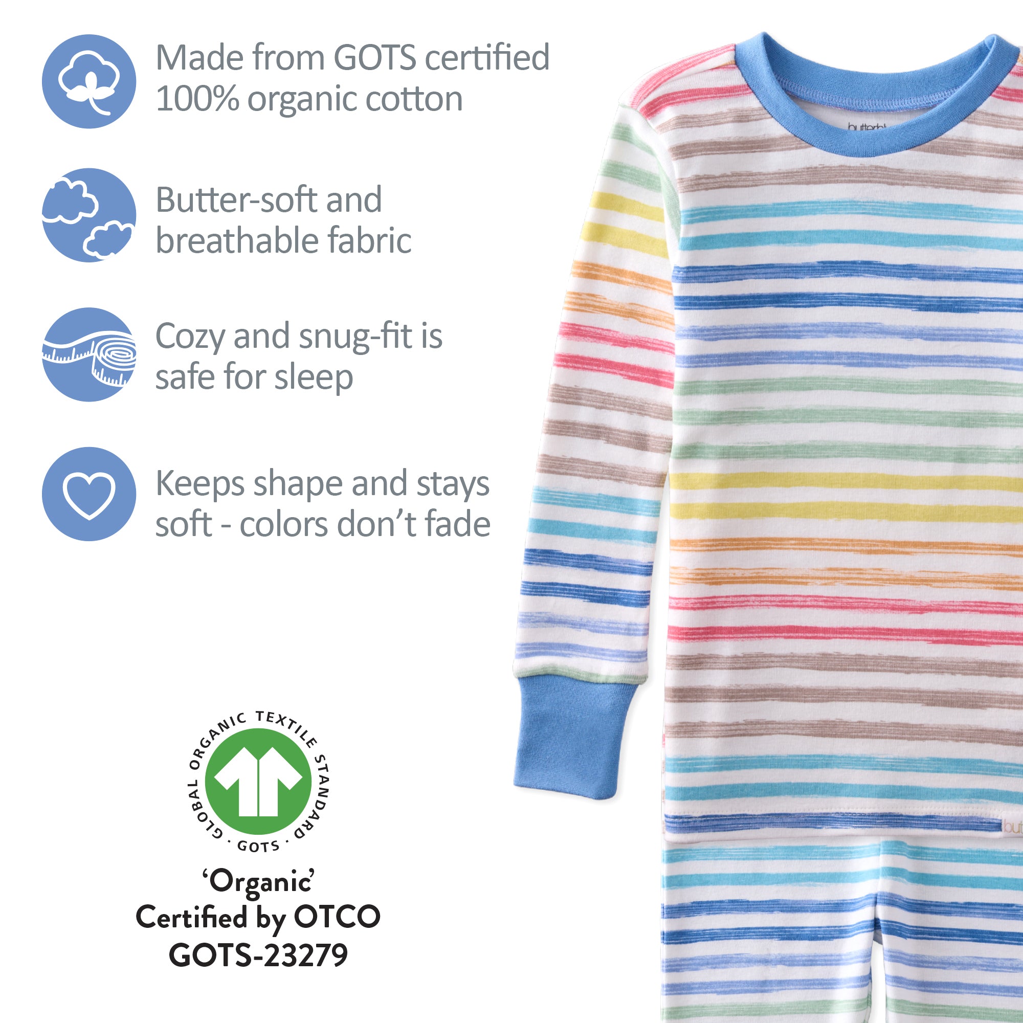Striped children's nightgown with organic cotton certification details on a white background