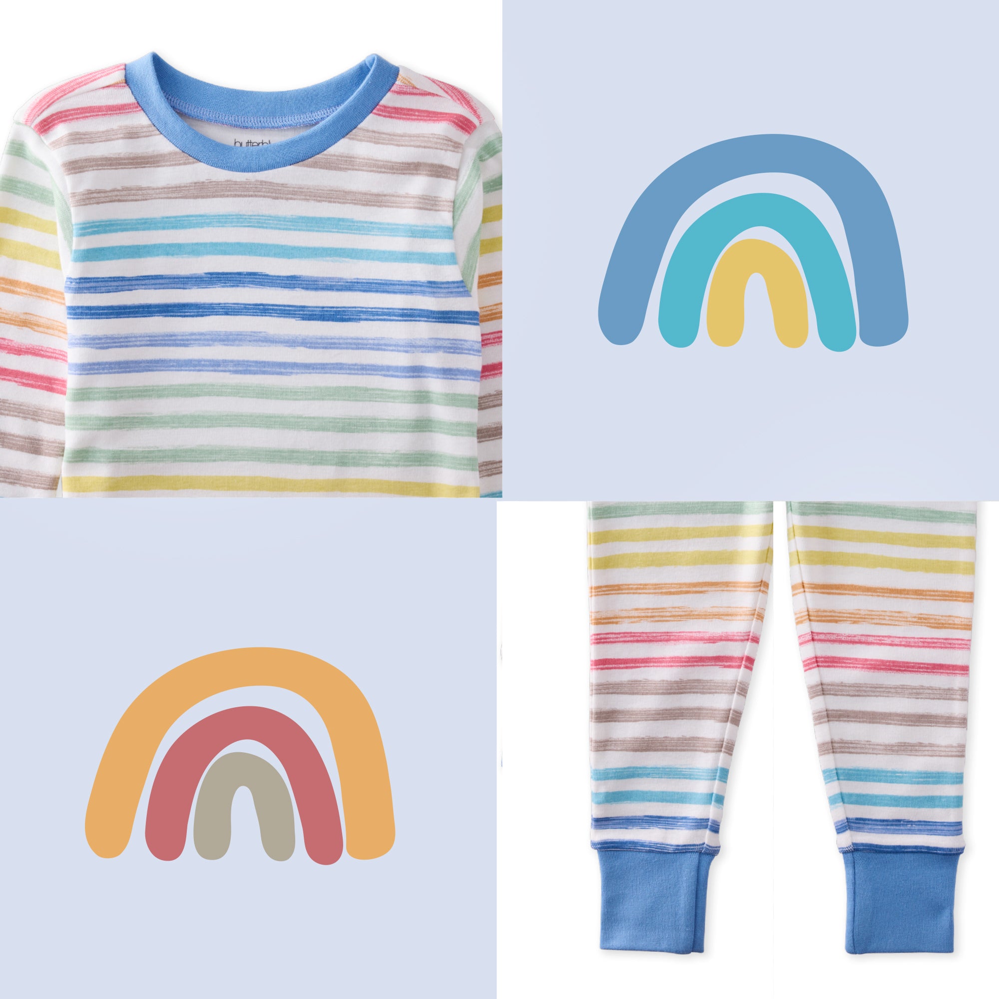 Children's rainbow striped pajama set with matching rainbow design on a light blue background.