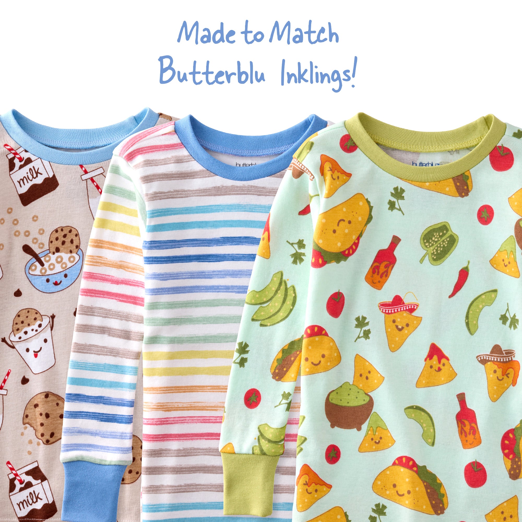 Four children's pajama sets with different patterns on a white background.