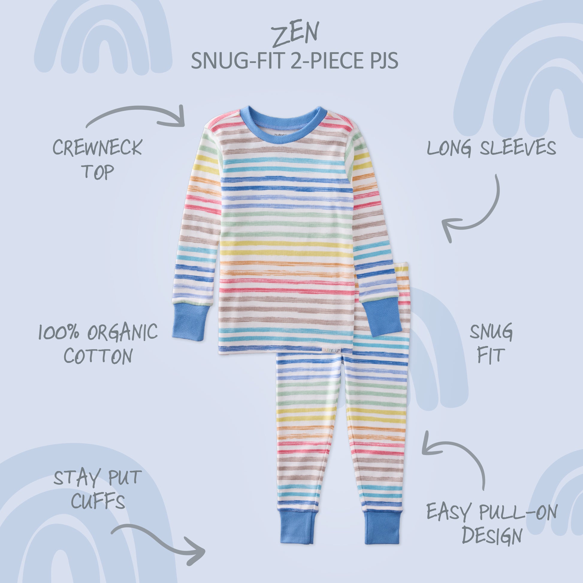 Rainbow striped pajama set with text describing features on a light blue background
