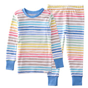Colorful striped pajama set with blue cuffs and neckline on a white background
