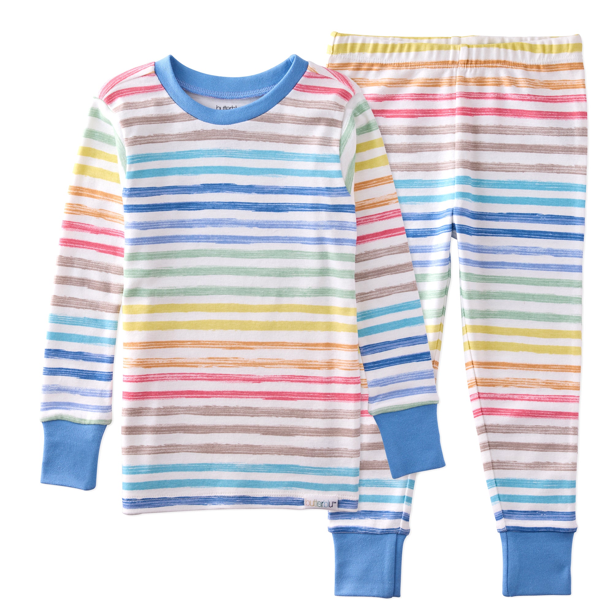 Colorful striped pajama set with blue cuffs and neckline on a white background
