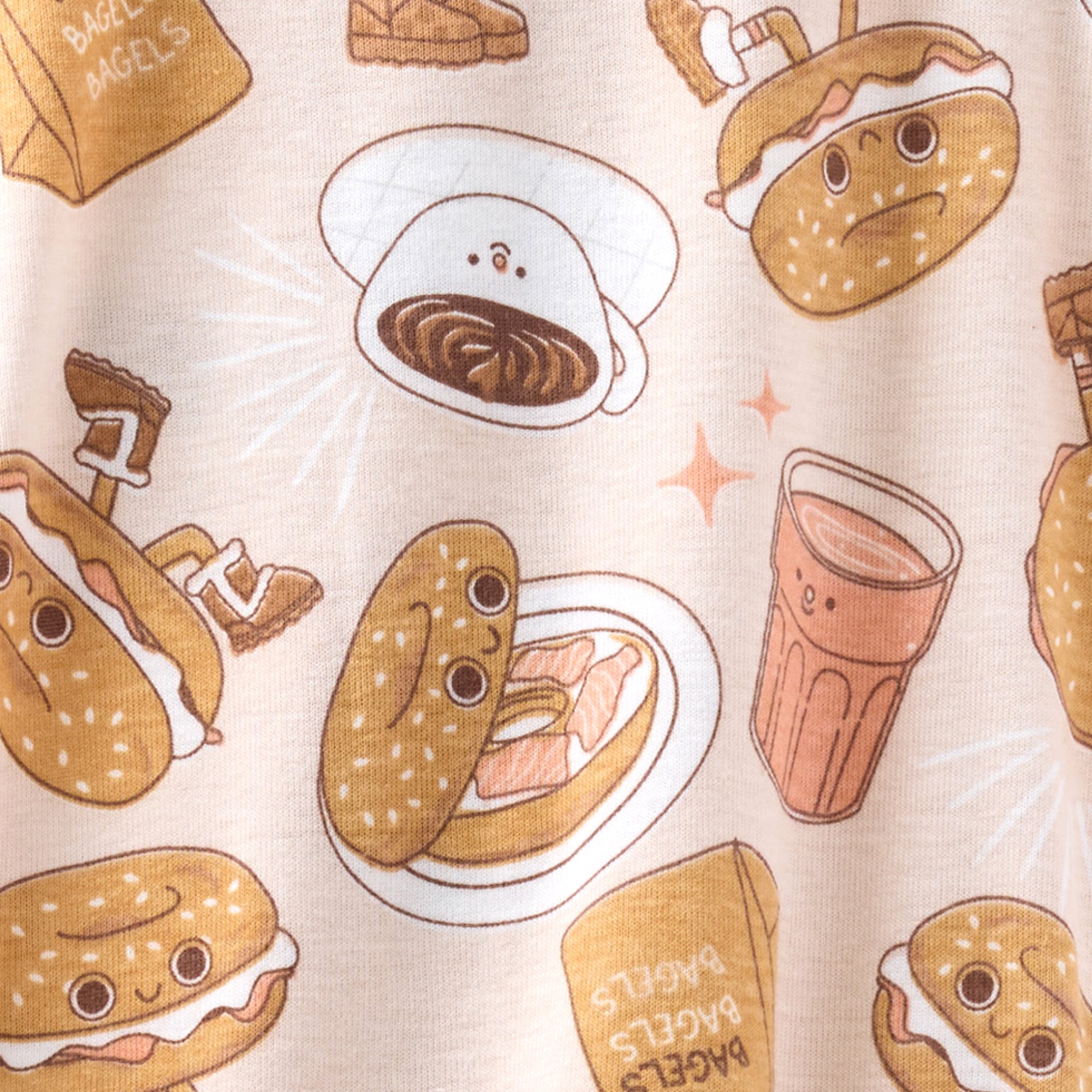 Pattern of cartoon bagels and coffee on a beige background