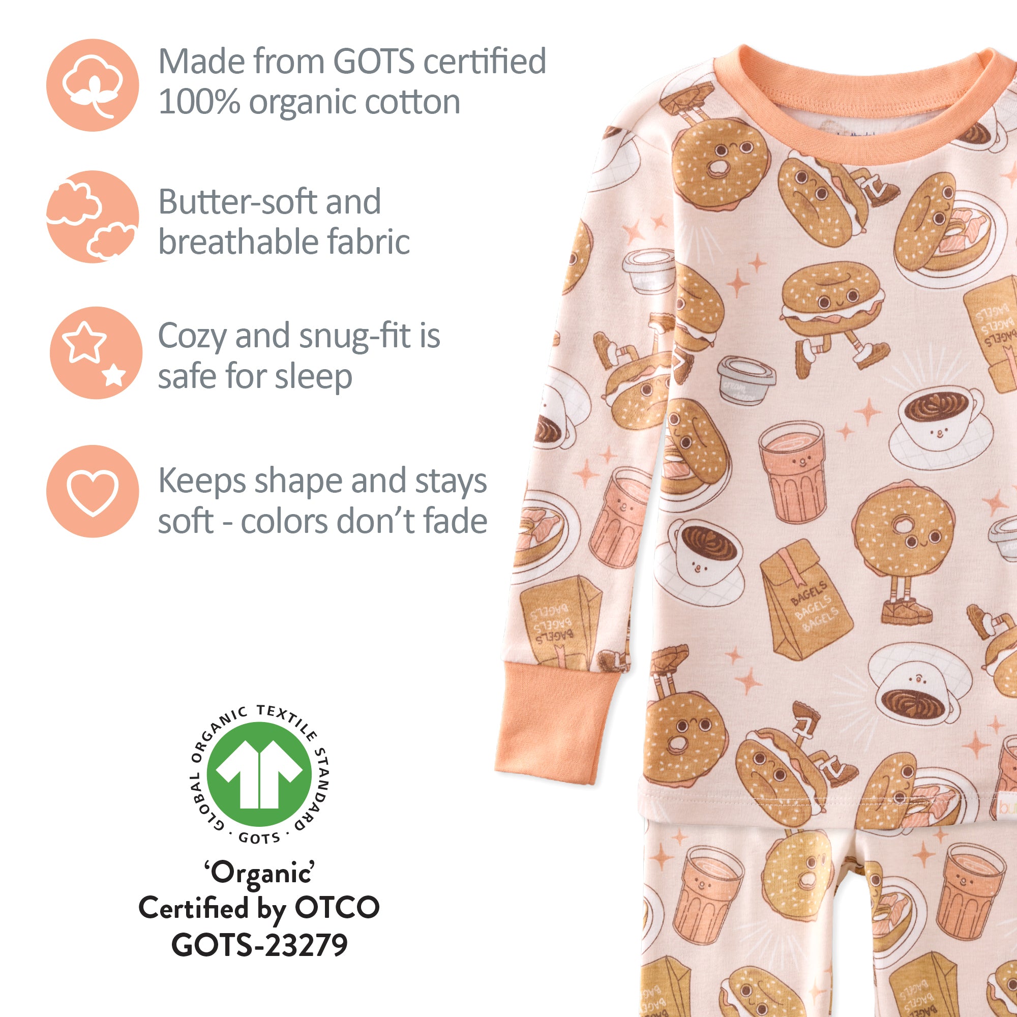 Children's pajama with cookie pattern and GOTS certification label on a white background