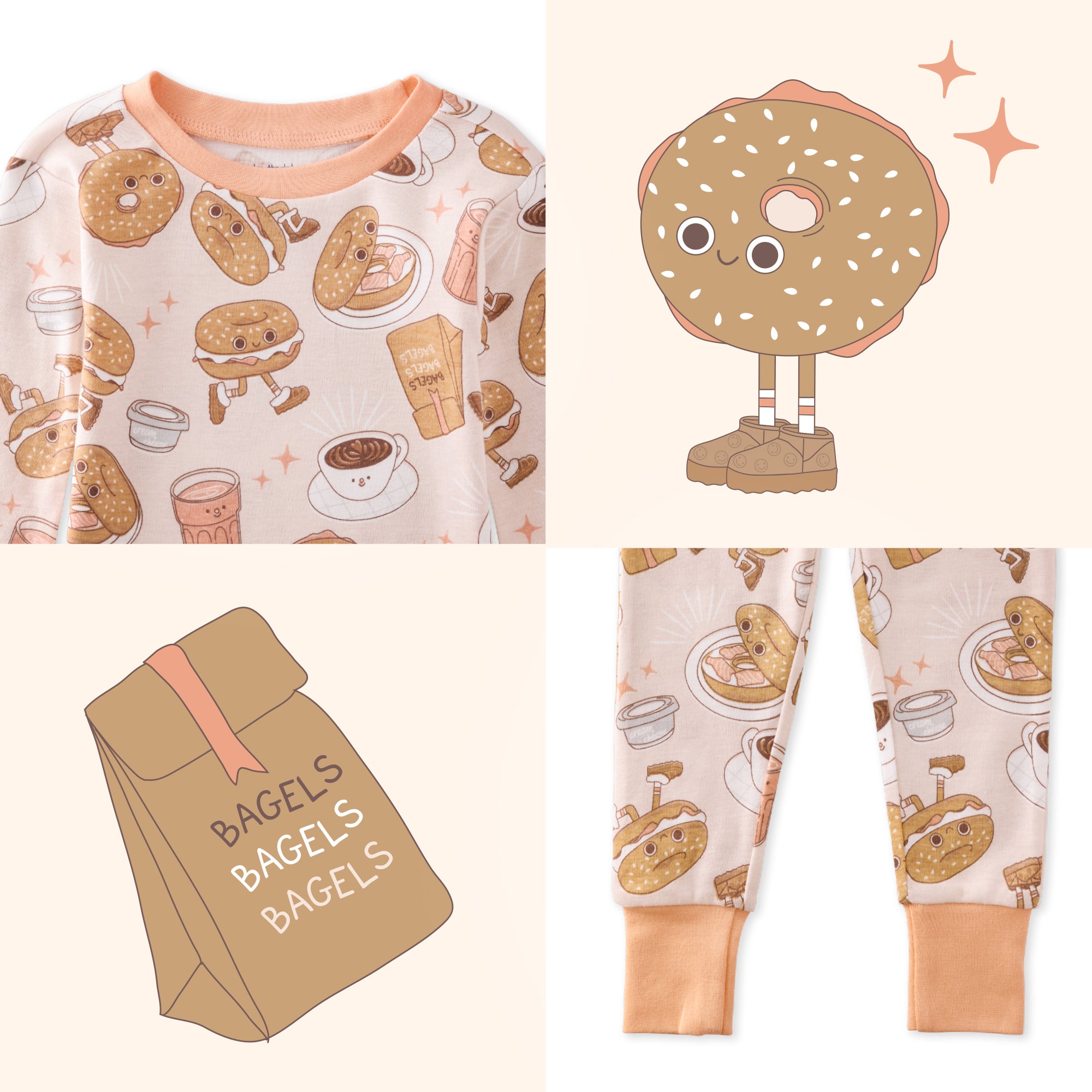 Children's pajama set with bagel and coffee design, including a character illustration and packaging.