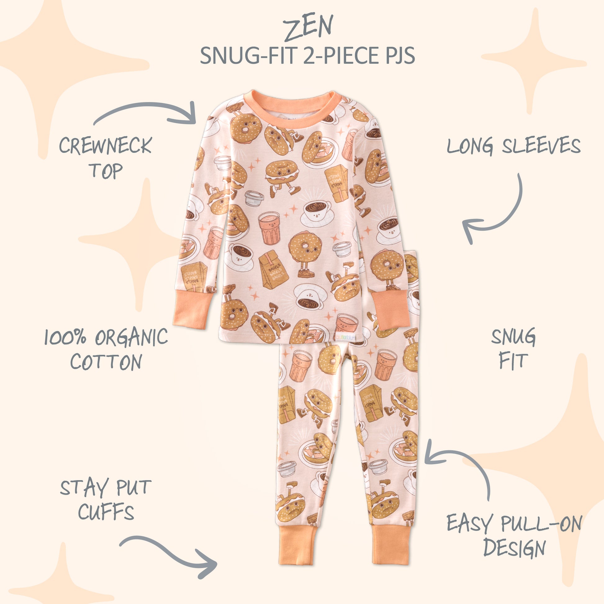 Children's pajama set with coffee-themed design on a beige background