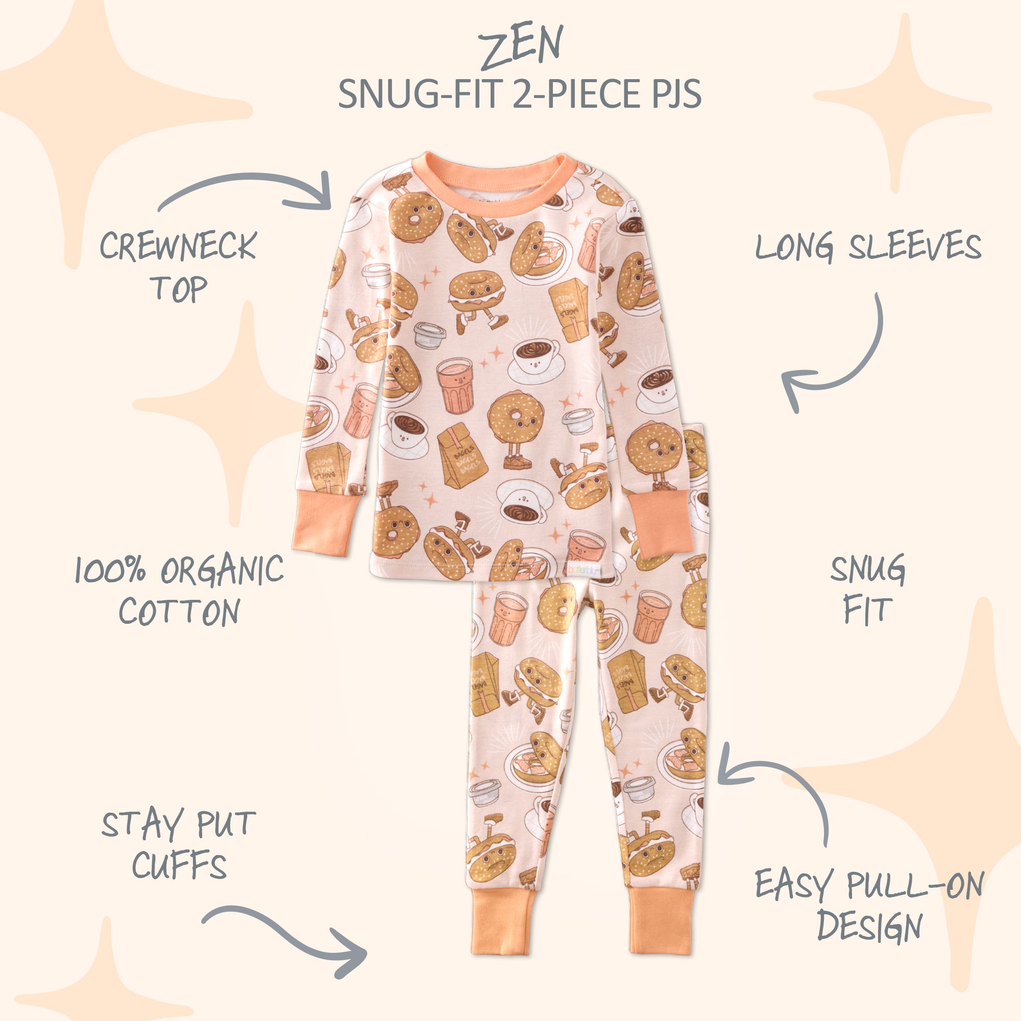 Children's pajama set with coffee-themed design on a beige background