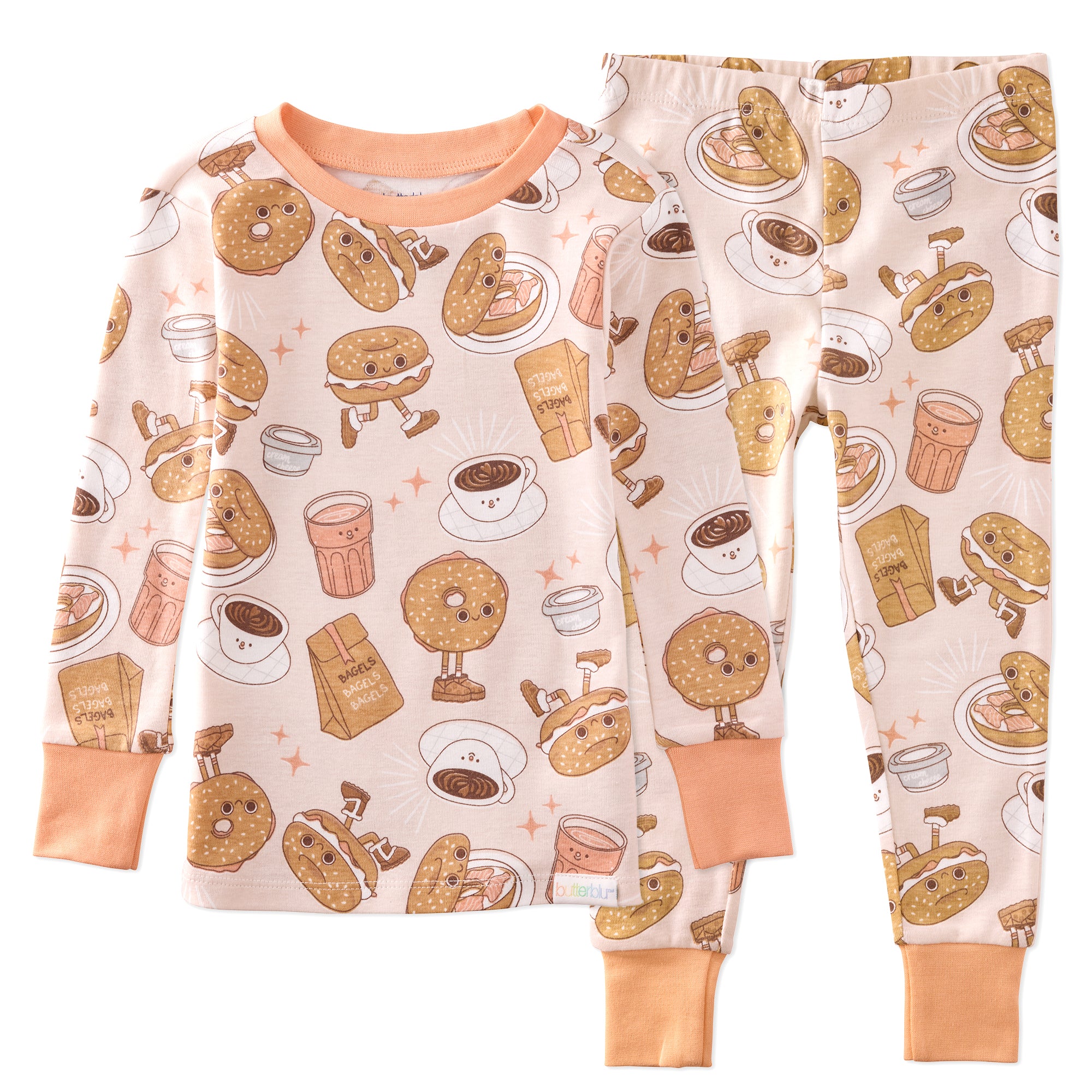 Children's pajama set with coffee and cookie pattern on a white background