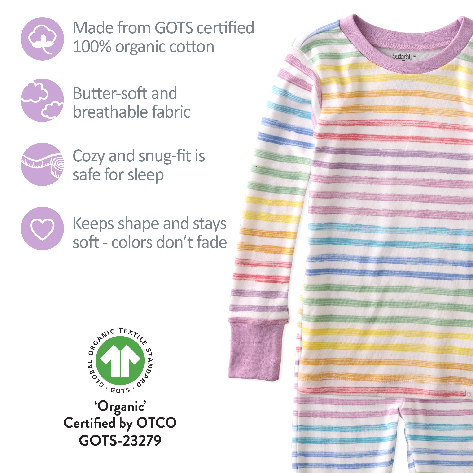 Children's pajamas with rainbow stripes and organic cotton certification details on a white background