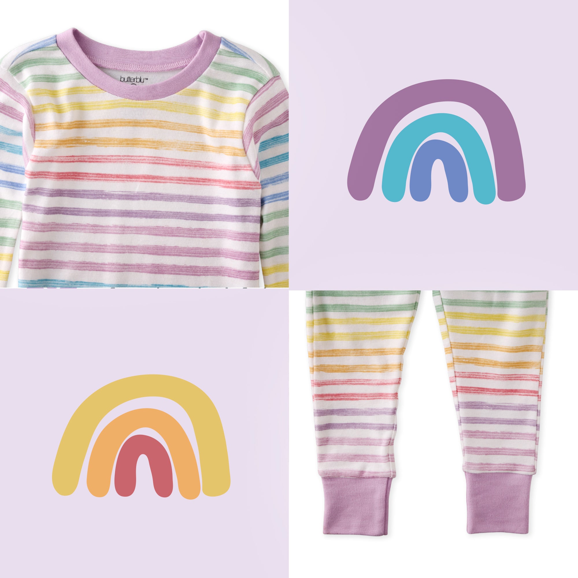 Children's rainbow striped pajama set with rainbow designs on a light purple background