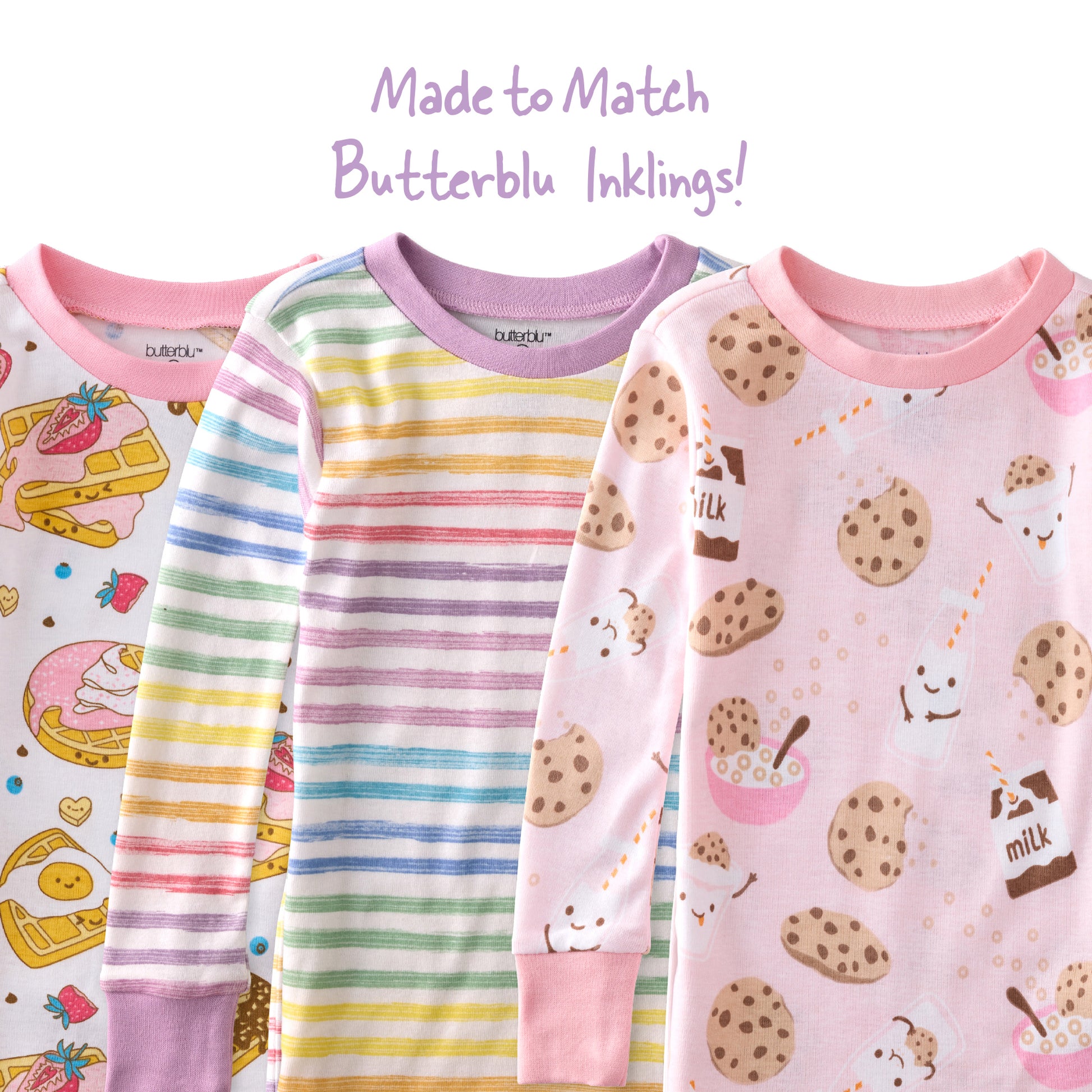 Three children's pajamas with different patterns and colors, including cookies and milk design.