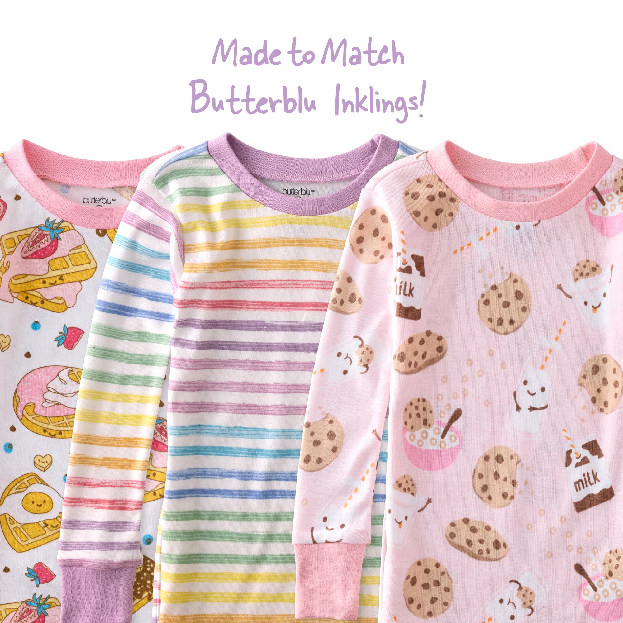 Three children's pajamas with different patterns and colors, including cookies and milk design.