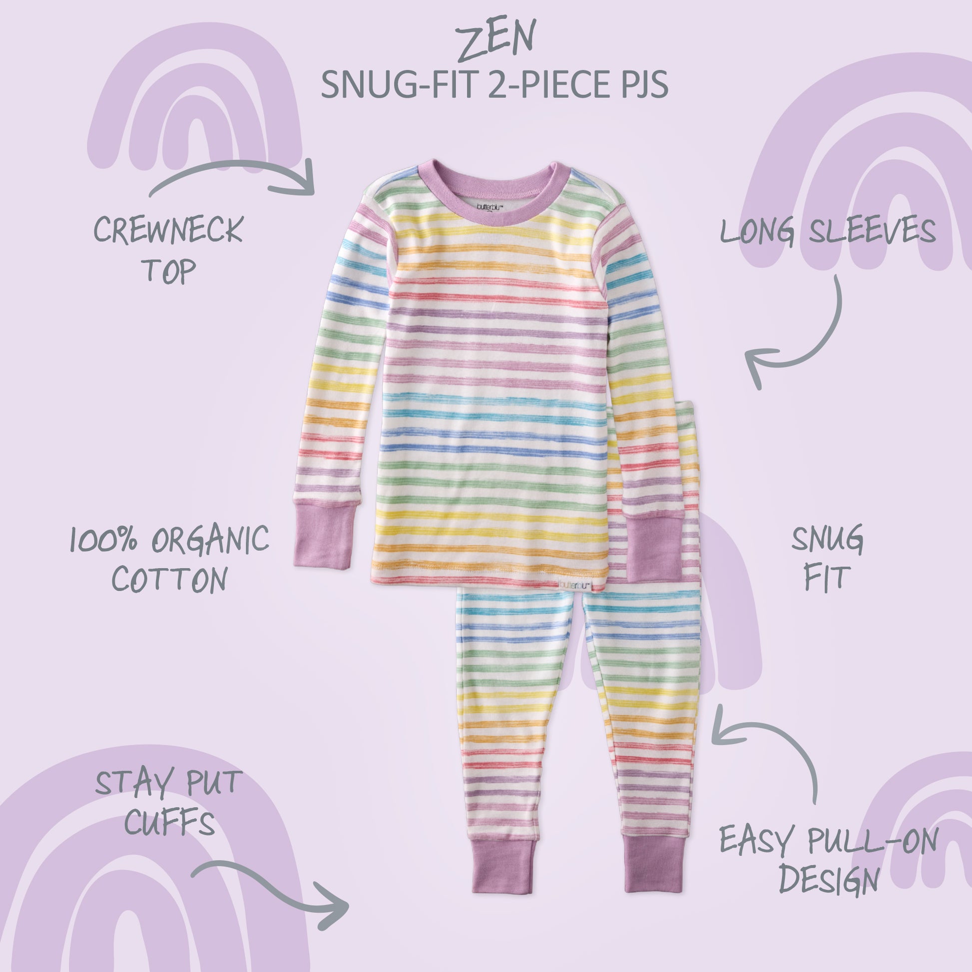Rainbow striped pajama set with text describing features on a light purple background