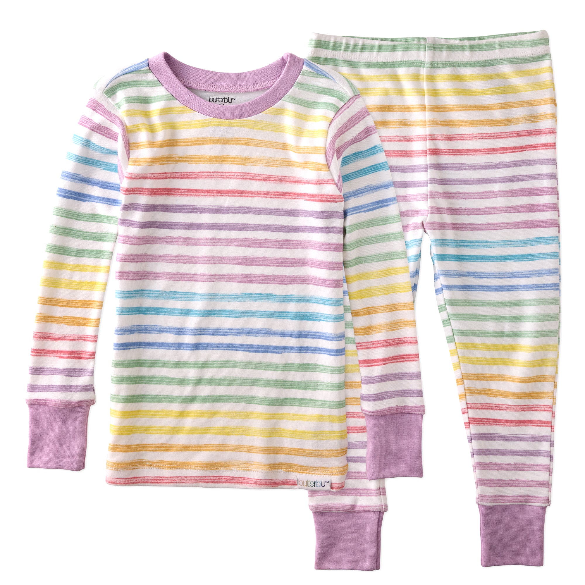 Colorful striped pajama set on a white background
