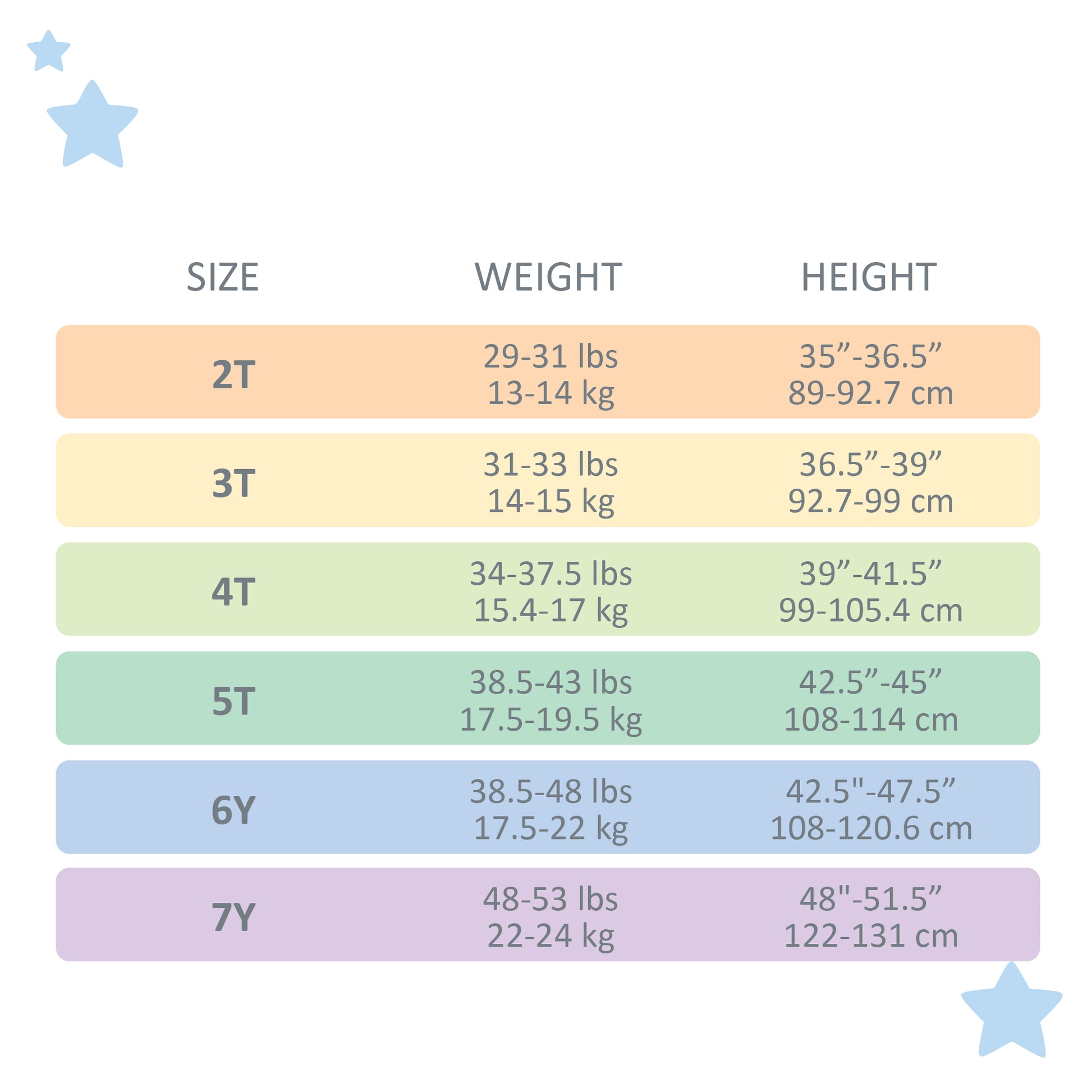 Children's size chart with weight and height ranges for sizes 2T to 7Y.