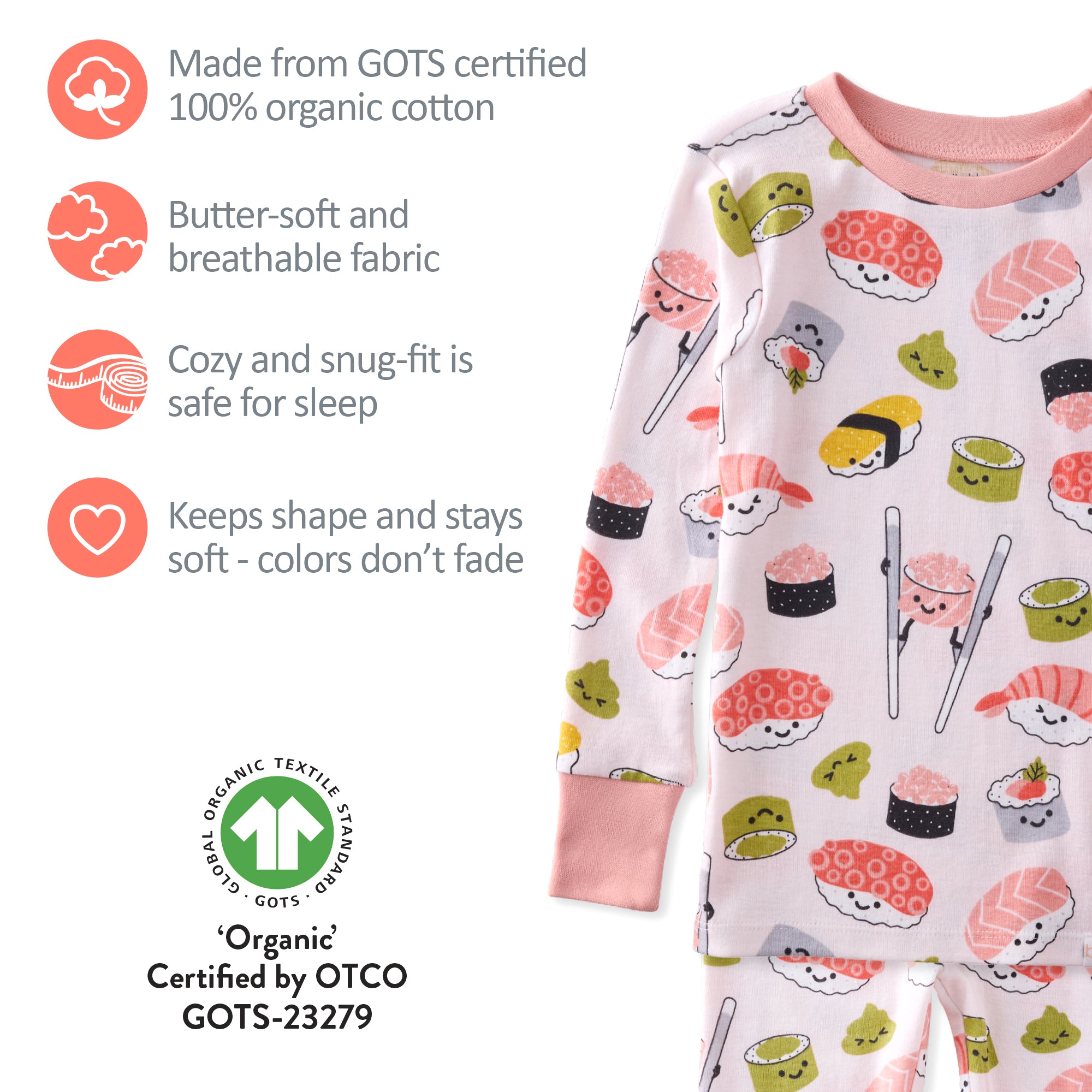 Children's pajama set with sushi pattern and GOTS certification label.