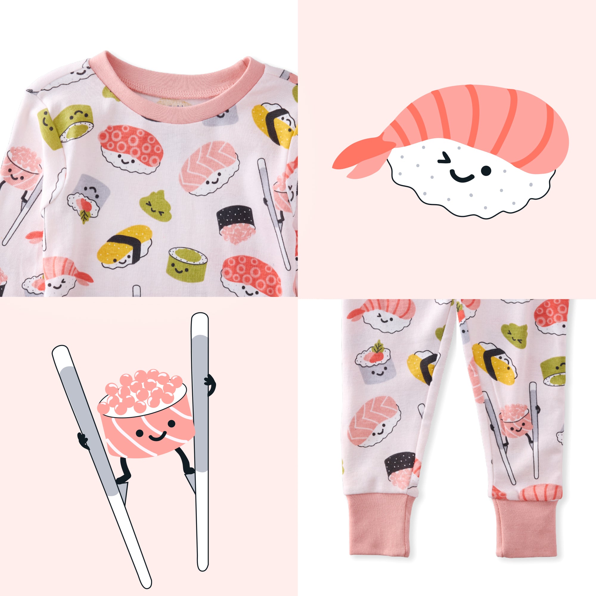 Children's pajama set with sushi-themed design on a pink background