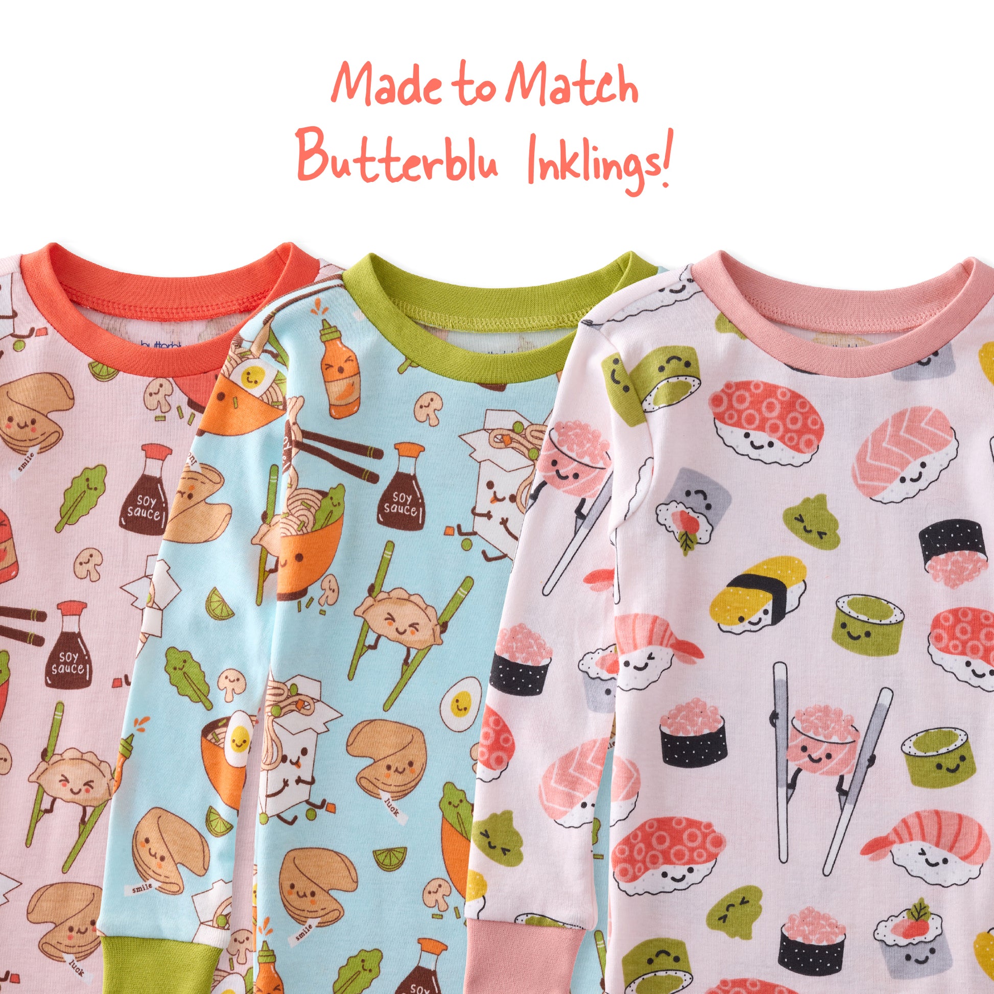 Three children's pajamas with sushi-themed patterns on a white background.