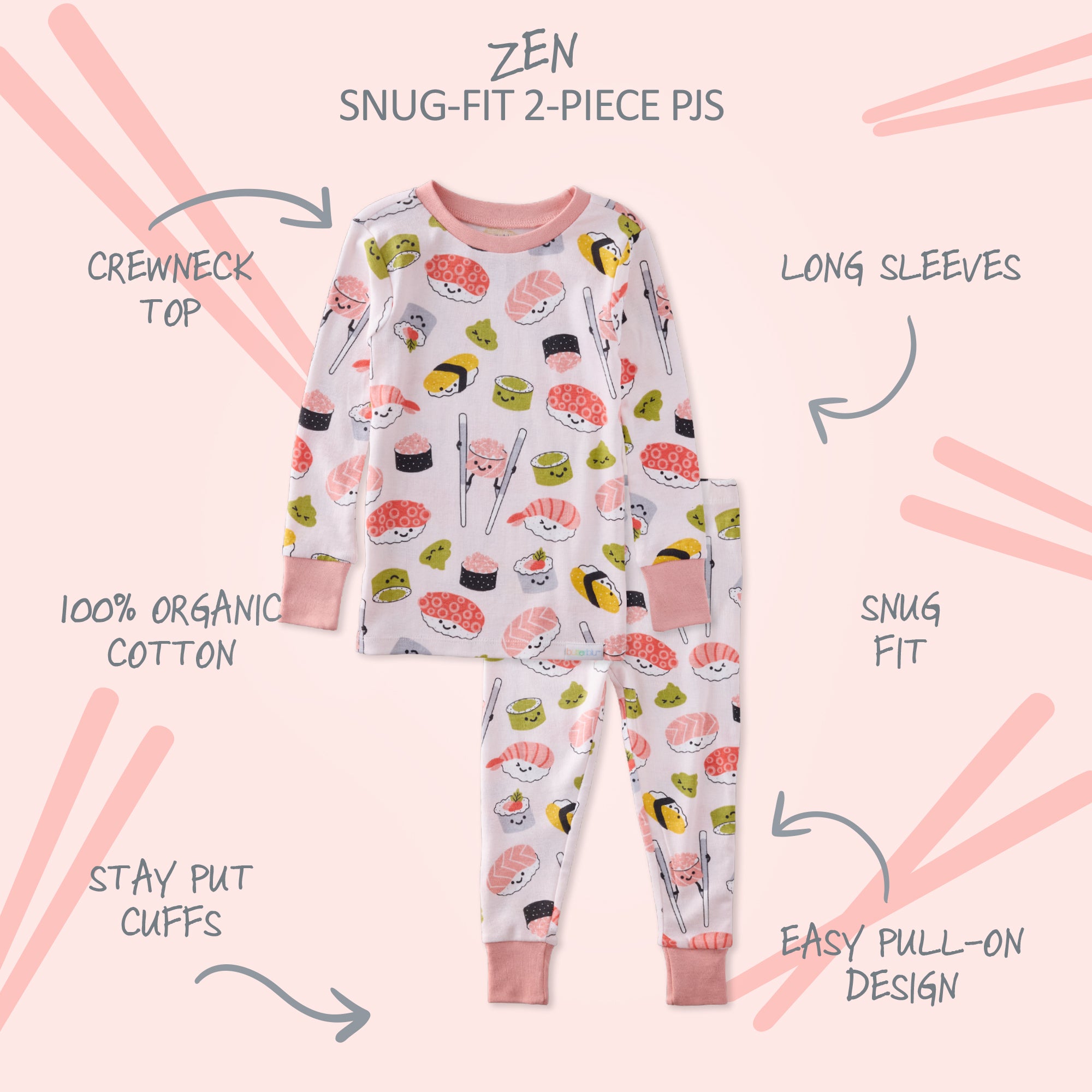 Children's pajama set with sushi pattern on a pink background