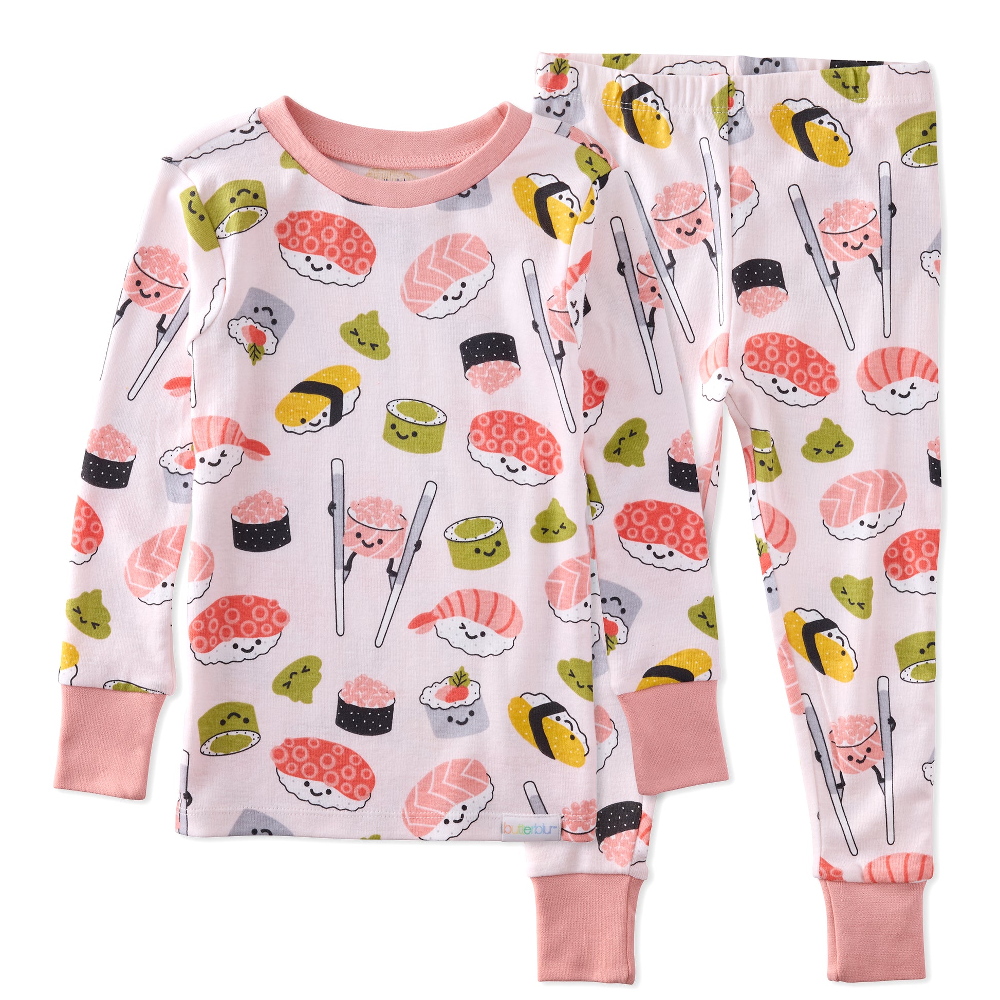 Children's pajama set with sushi pattern on a white background